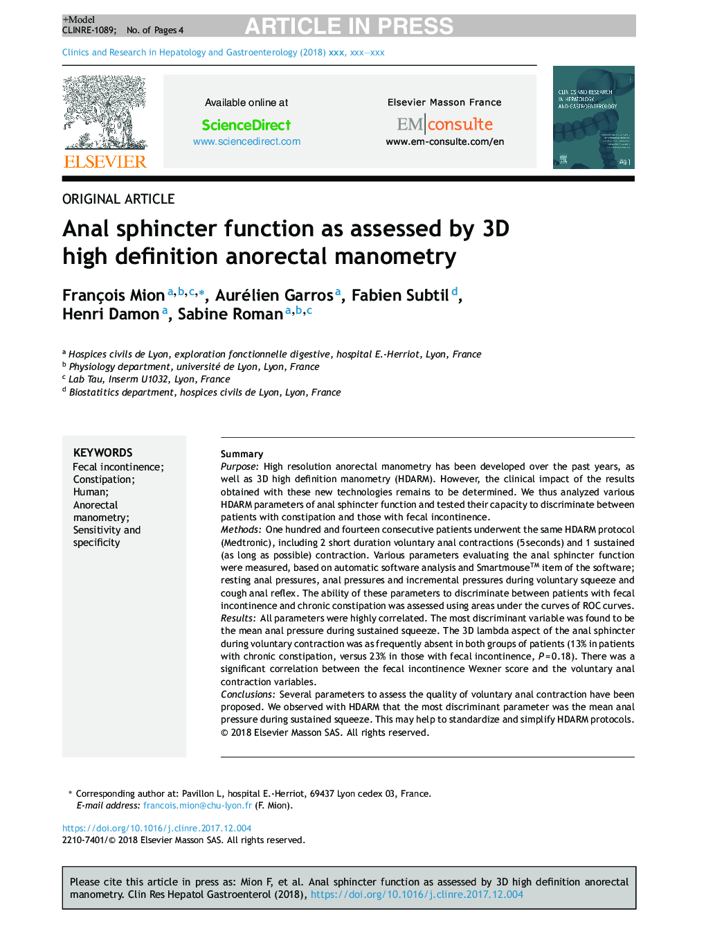 Anal sphincter function as assessed by 3D high definition anorectal manometry