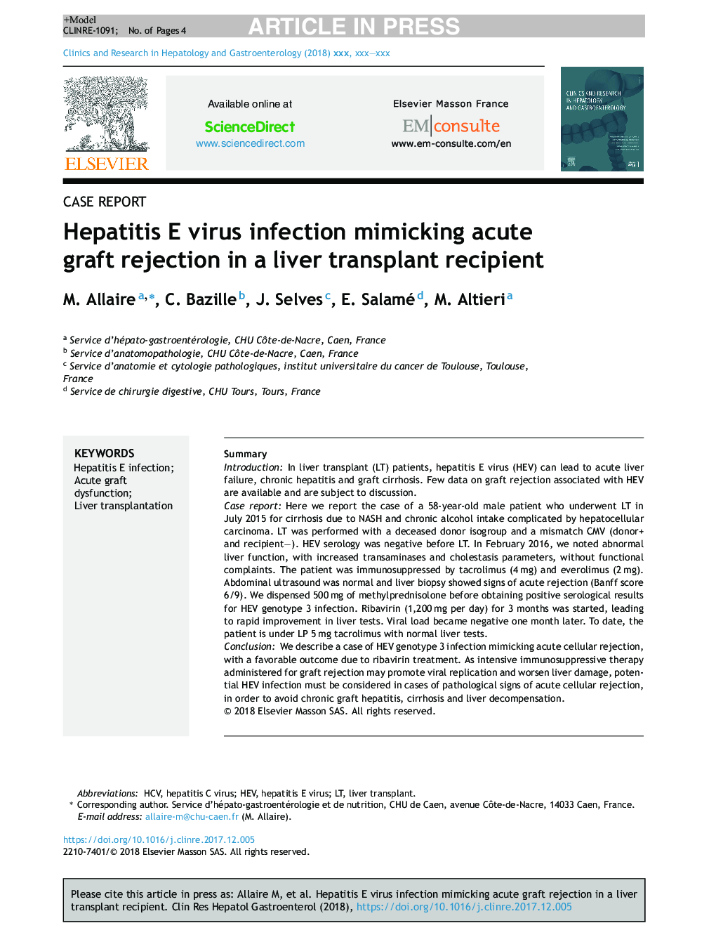 Hepatitis E virus infection mimicking acute graft rejection in a liver transplant recipient