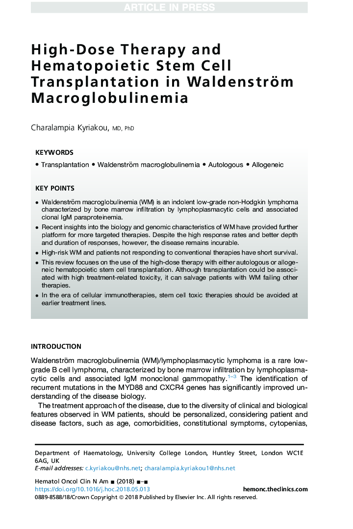 High-Dose Therapy and Hematopoietic Stem Cell Transplantation in Waldenström Macroglobulinemia