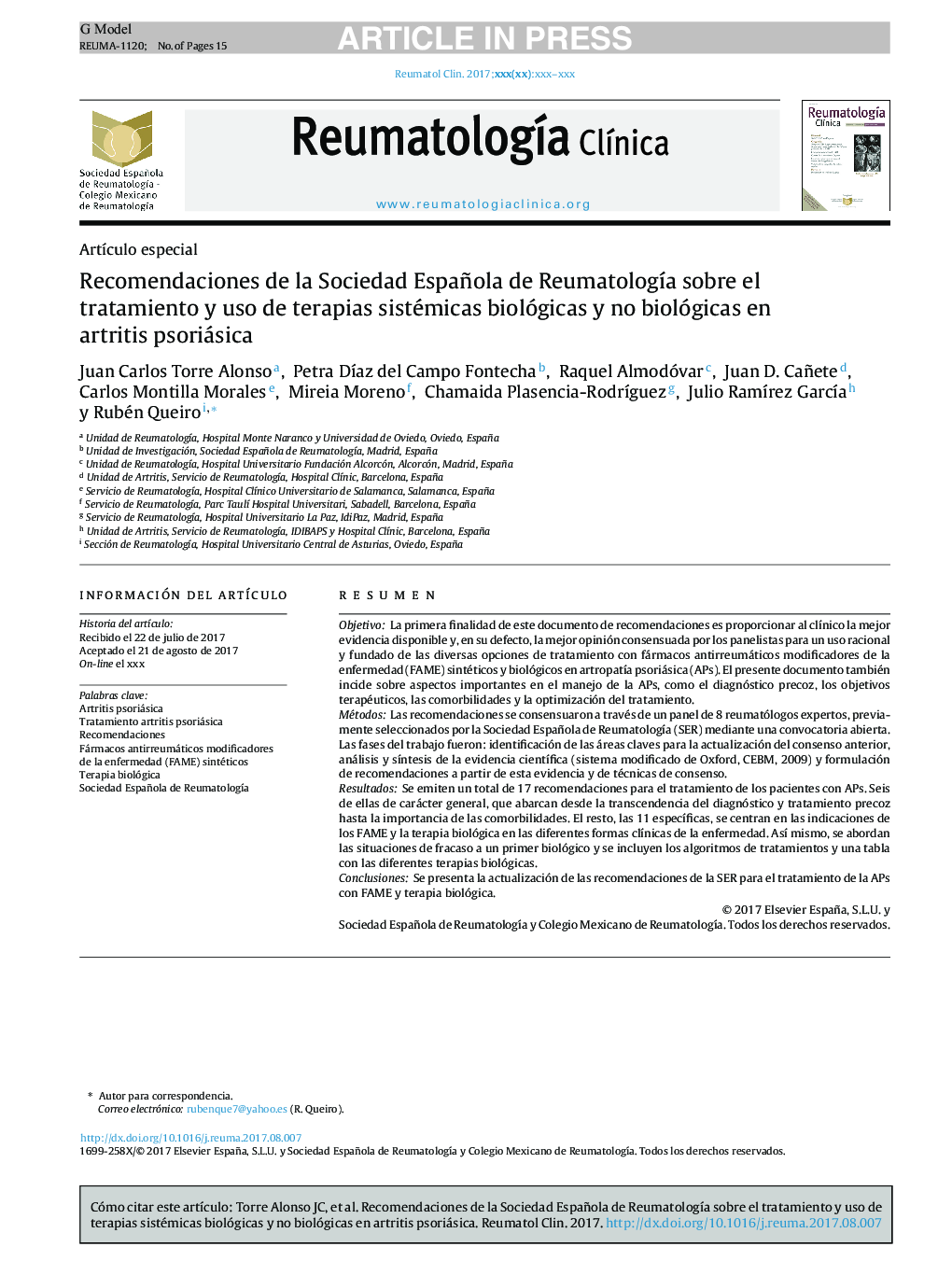 Recomendaciones de la Sociedad Española de ReumatologÃ­a sobre el tratamiento y uso de terapias sistémicas biológicas y no biológicas en artritis psoriásica