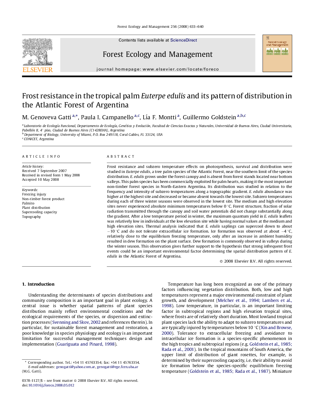 Frost resistance in the tropical palm Euterpe edulis and its pattern of distribution in the Atlantic Forest of Argentina