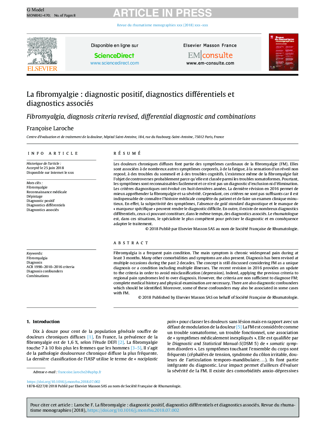 La fibromyalgieÂ : diagnostic positif, diagnostics différentiels et diagnostics associés