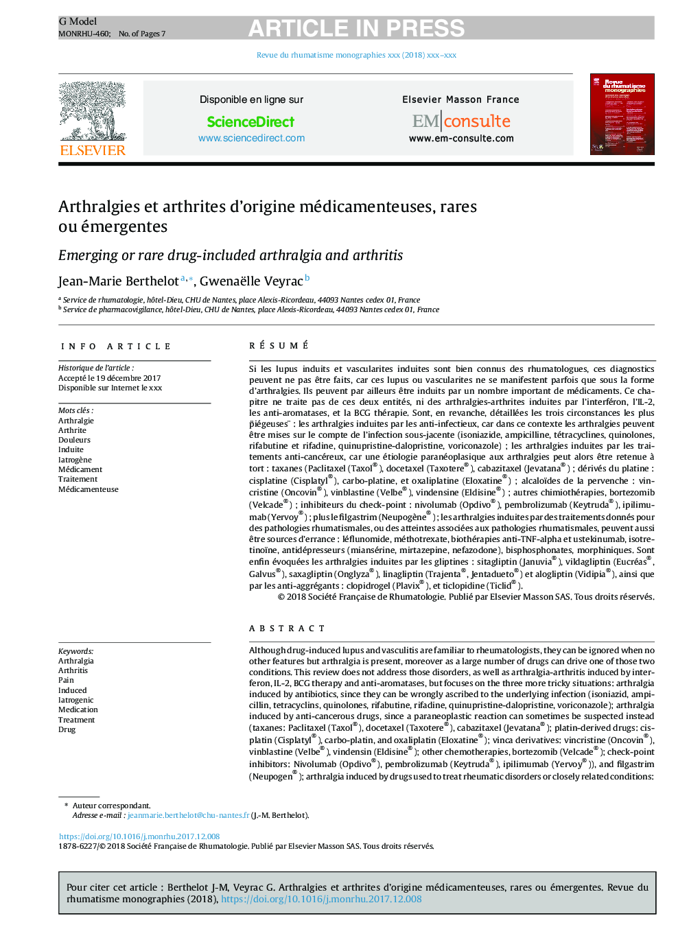 Arthralgies et arthrites d'origine médicamenteuses, rares ou émergentes