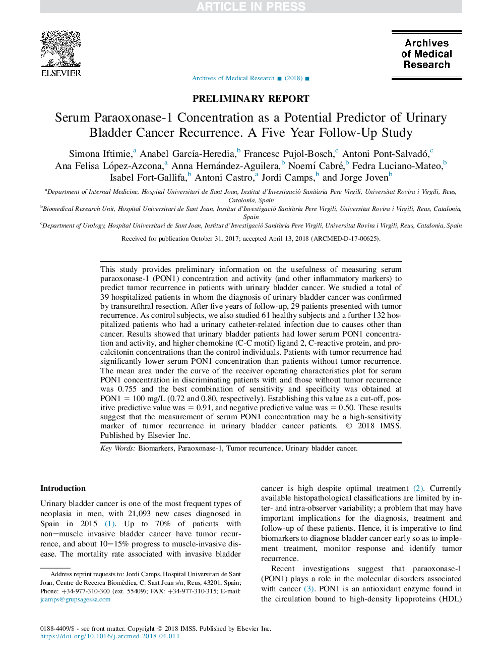 غلظت پاراکسوناز-1 سرم به عنوان یک پیش بینی کننده بالقوه عود مجدد سرطان مثانه ادرار. یک مطالعه پیگیری پنج ساله