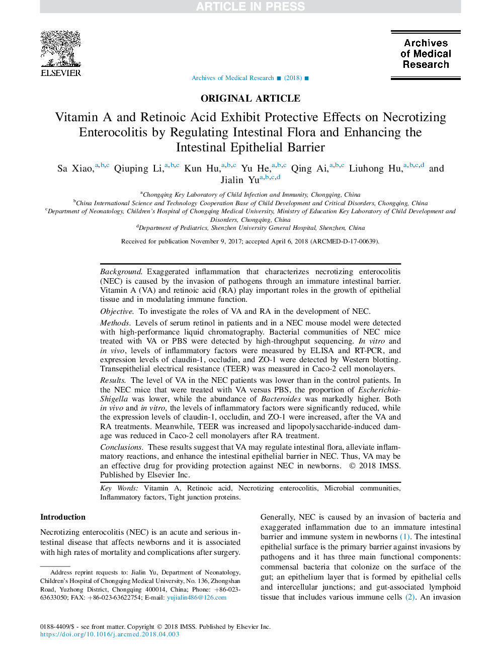 Vitamin A and Retinoic Acid Exhibit Protective Effects on Necrotizing Enterocolitis by Regulating Intestinal Flora and Enhancing the IntestinalÂ Epithelial Barrier