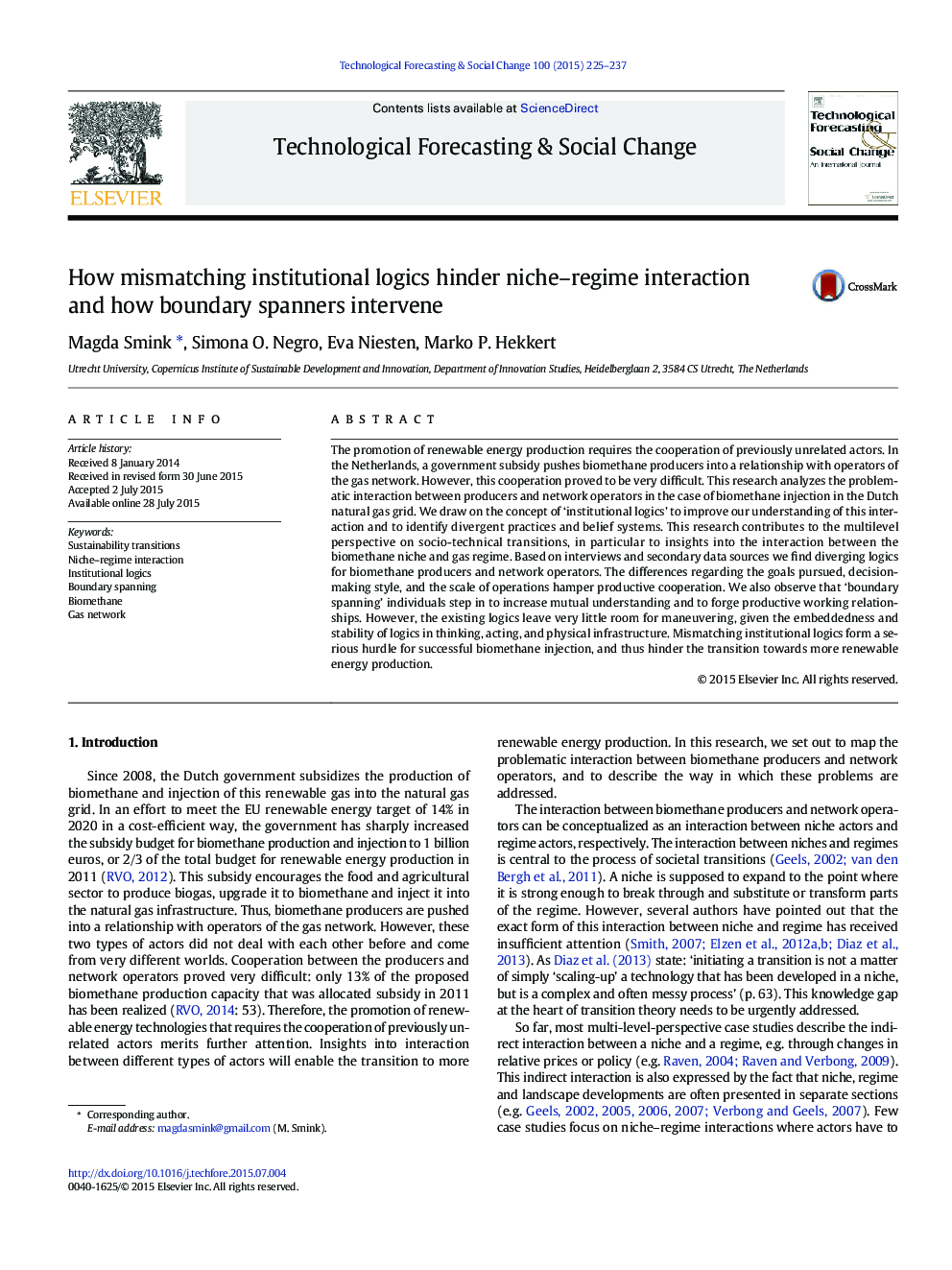 How mismatching institutional logics hinder niche–regime interaction and how boundary spanners intervene