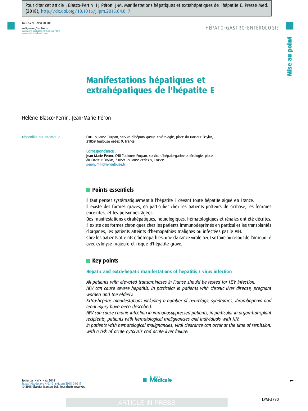 Manifestations hépatiques et extrahépatiques de l'hépatite E