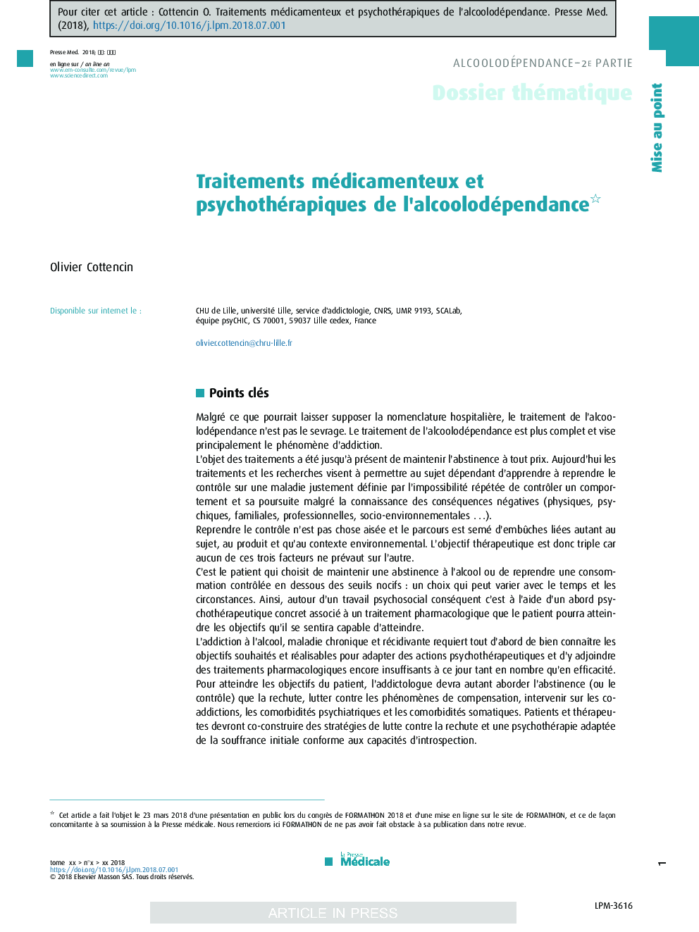 Traitements médicamenteux et psychothérapiques de l'alcoolodépendance