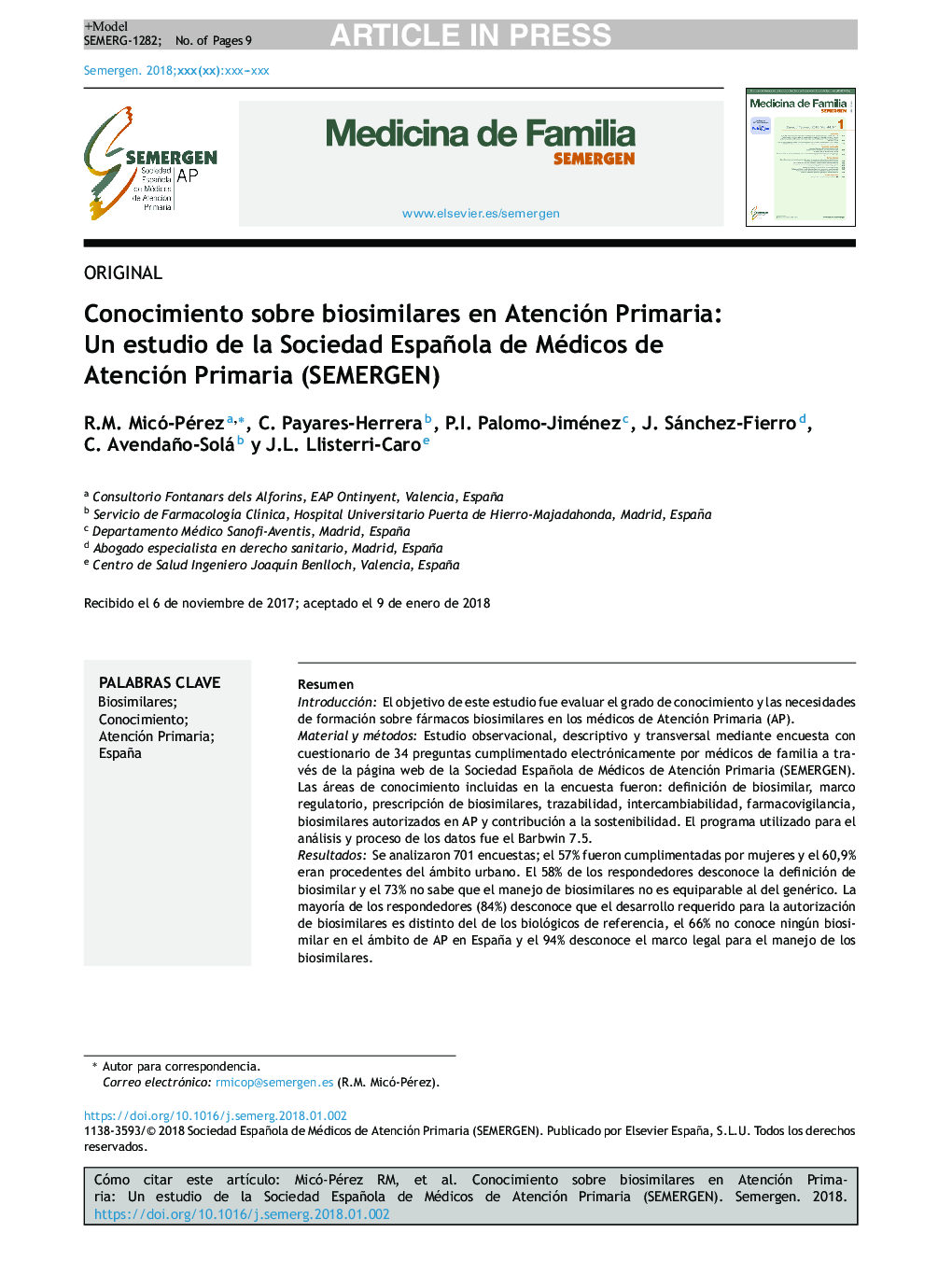 Conocimiento sobre biosimilares en Atención Primaria: Un estudio de la Sociedad Española de Médicos de Atención Primaria (SEMERGEN)