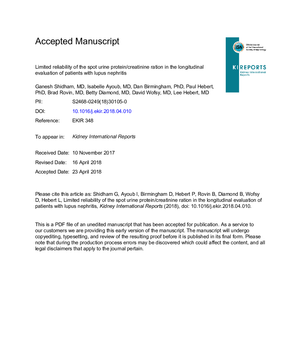 Limited Reliability of the Spot Urine Protein/Creatinine Ratio in the Longitudinal Evaluation of Patients With Lupus Nephritis