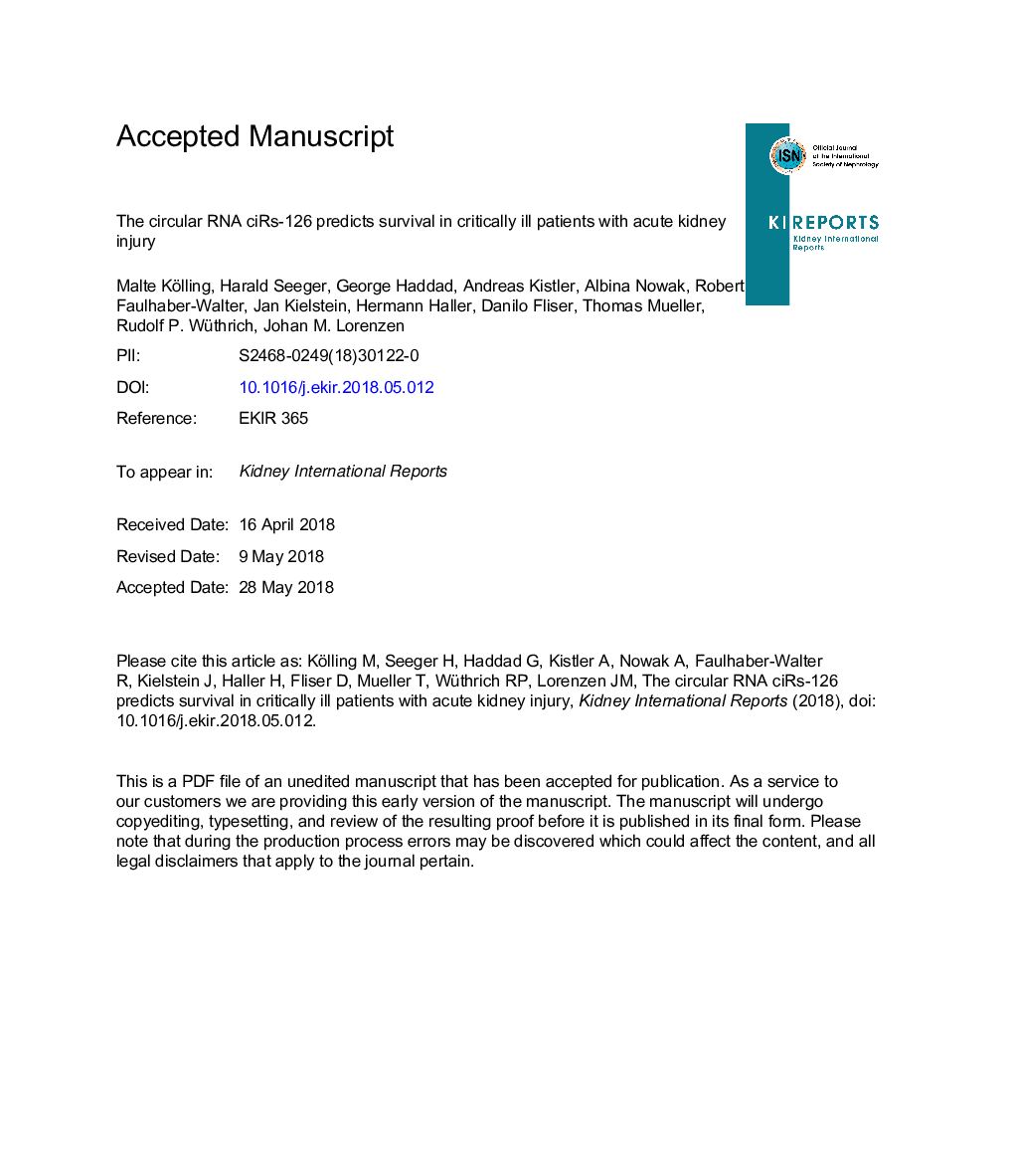 عکس صفحه اول مقاله: The Circular RNA ciRs-126 Predicts Survival in Critically Ill Patients With Acute Kidney Injury The Circular RNA ciRs-126 Predicts Survival in Critically Ill Patients With Acute Kidney Injury