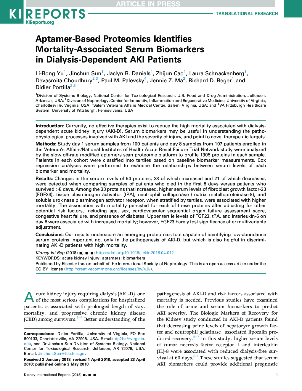 Aptamer-Based Proteomics Identifies Mortality-Associated Serum Biomarkers in Dialysis-Dependent AKI Patients