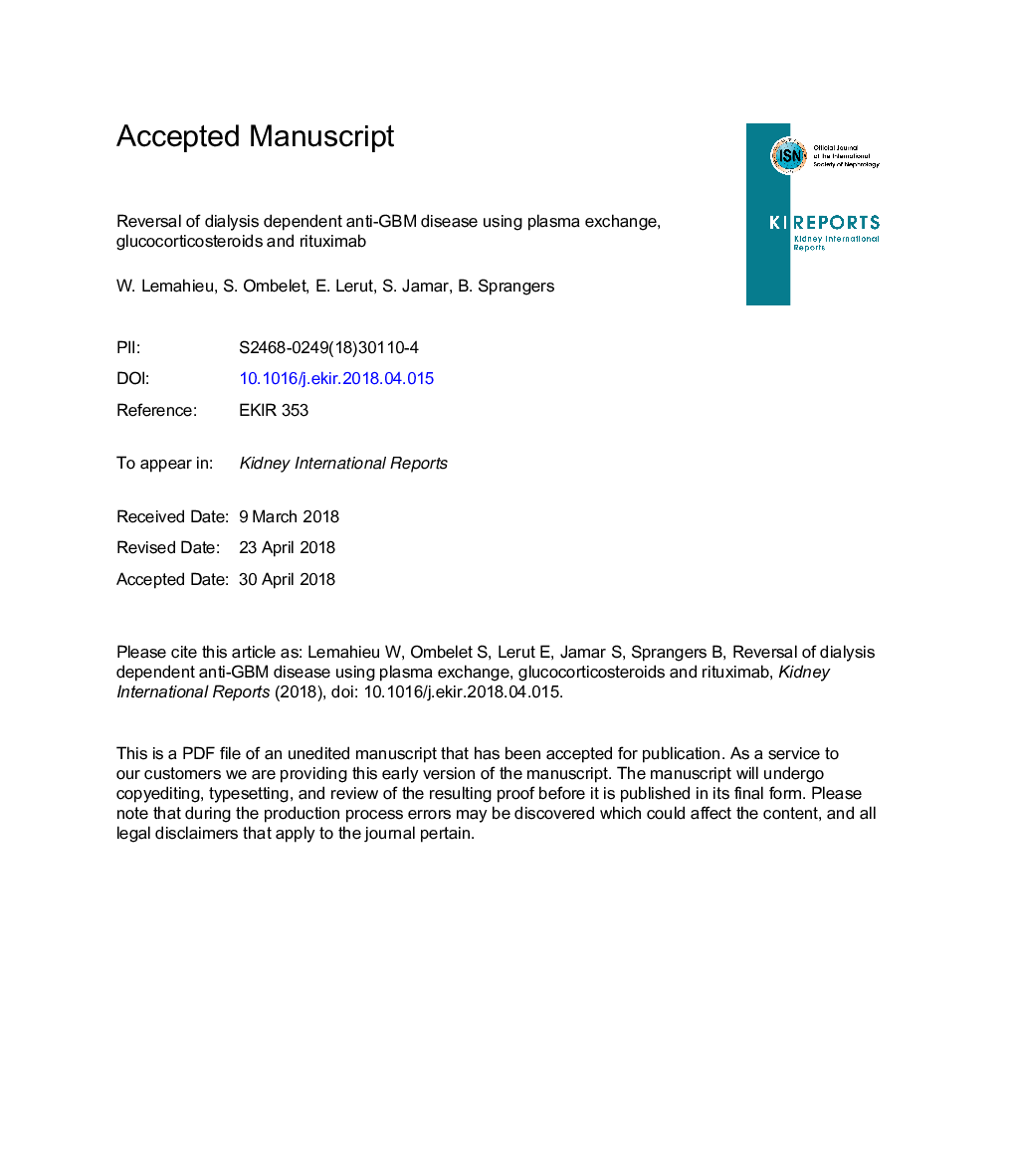 Reversal of Dialysis-Dependent Anti-Glomerular Basement Membrane Disease Using Plasma Exchange, Glucocorticosteroids, and Rituximab