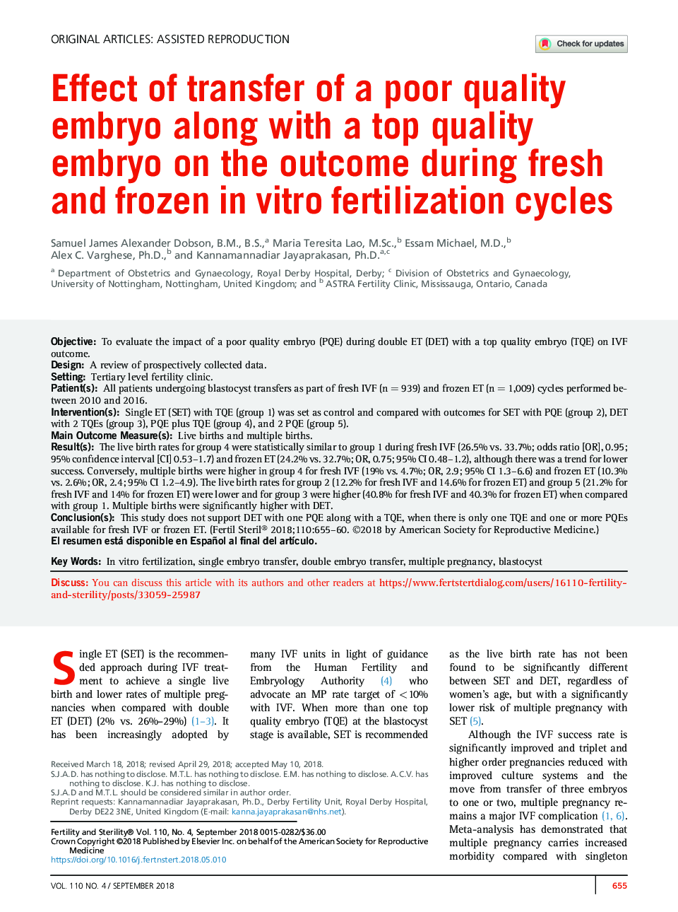 Effect of transfer of a poor quality embryo along with a top quality embryo on the outcome during fresh and frozen inÂ vitro fertilization cycles