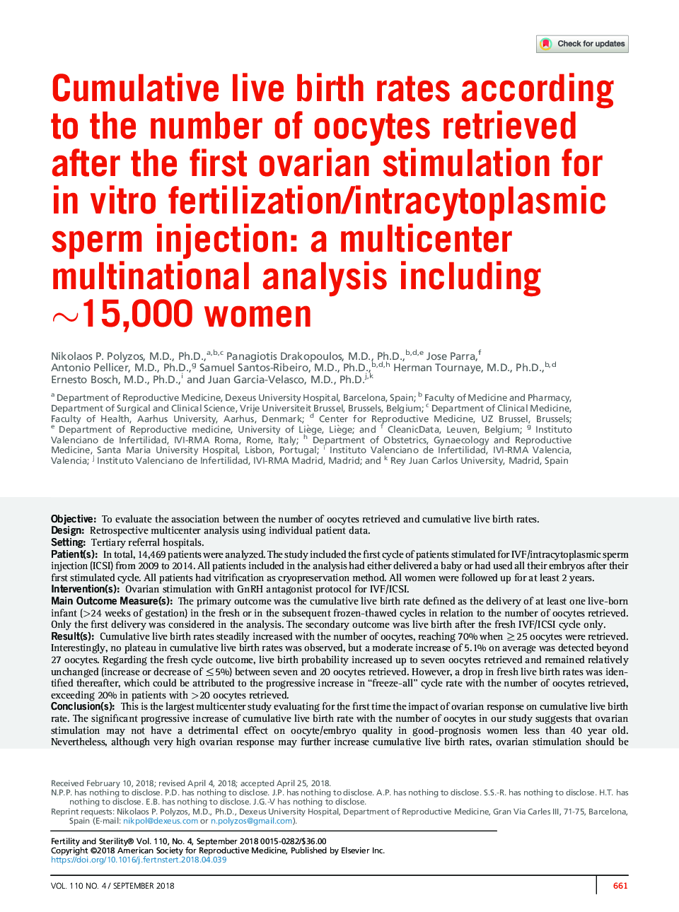 Cumulative live birth rates according to the number of oocytes retrieved after the first ovarian stimulation for inÂ vitro fertilization/intracytoplasmic sperm injection: a multicenter multinational analysis including â¼15,000 women