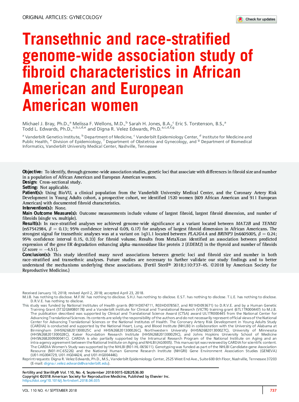 مطالعه وابستگی ژنوم ترانس نژادی و نژادی طبقه بندی ویژگی های فیبروئید در زنان آمریکایی آفریقایی آمریکایی و اروپایی آمریکایی