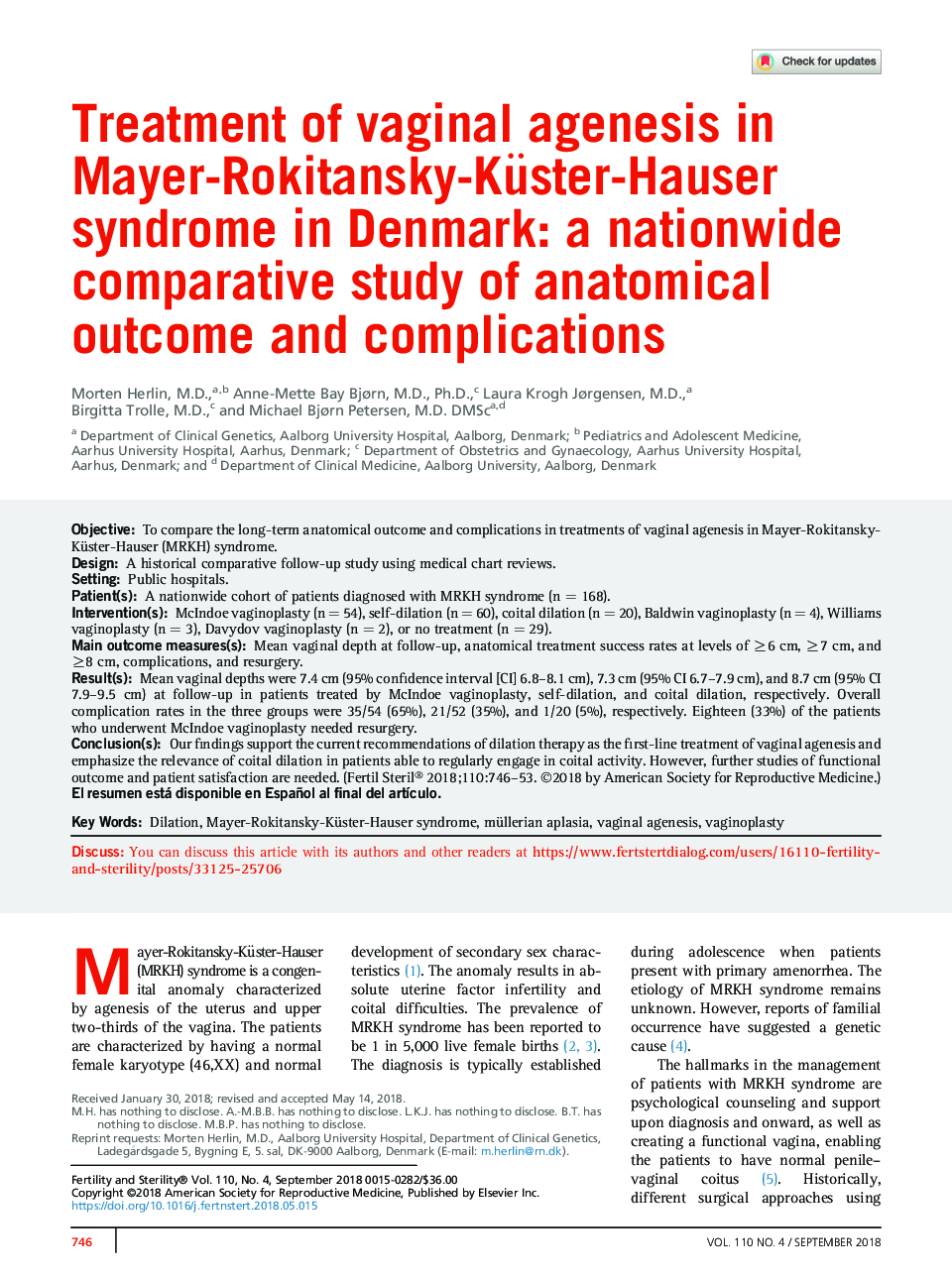 Treatment of vaginal agenesis in Mayer-Rokitansky-Küster-Hauser syndrome in Denmark: a nationwide comparative study of anatomical outcome and complications
