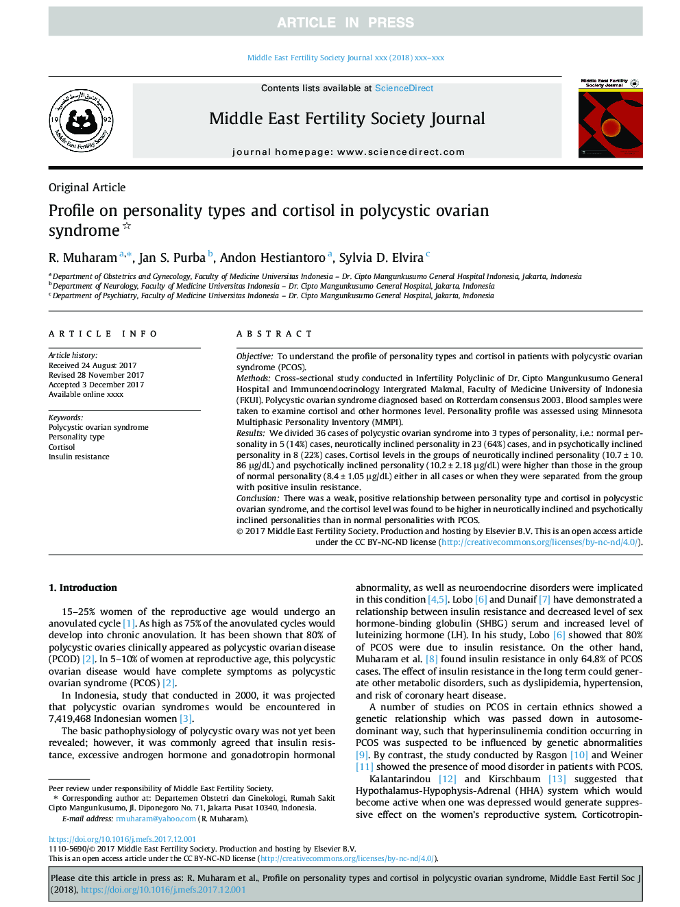 Profile on personality types and cortisol in polycystic ovarian syndrome