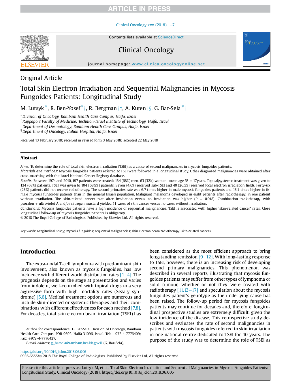 Total Skin Electron Irradiation and Sequential Malignancies in Mycosis Fungoides Patients: Longitudinal Study