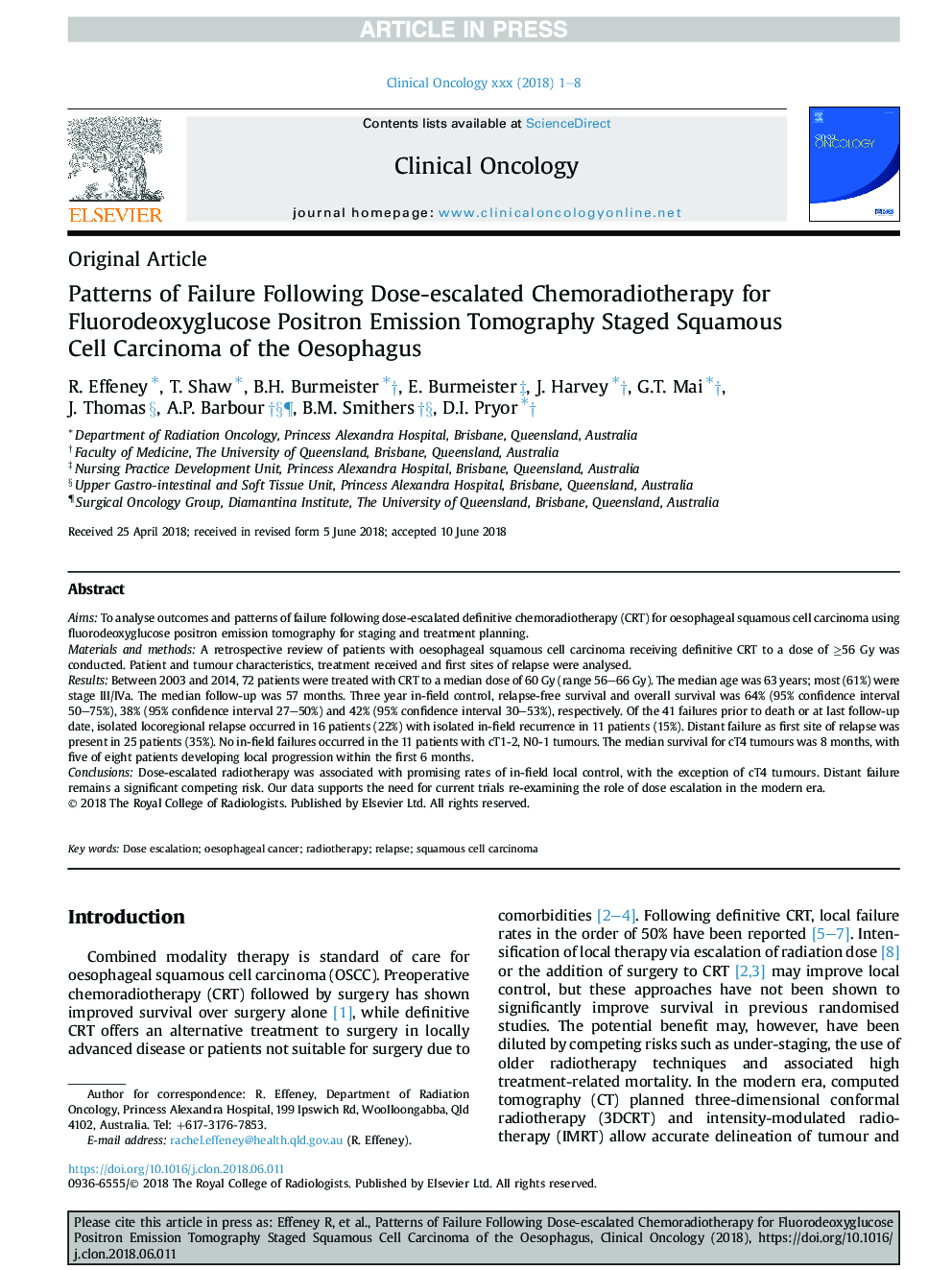 Patterns of Failure Following Dose-escalated Chemoradiotherapy for Fluorodeoxyglucose Positron Emission Tomography Staged Squamous Cell Carcinoma of the Oesophagus