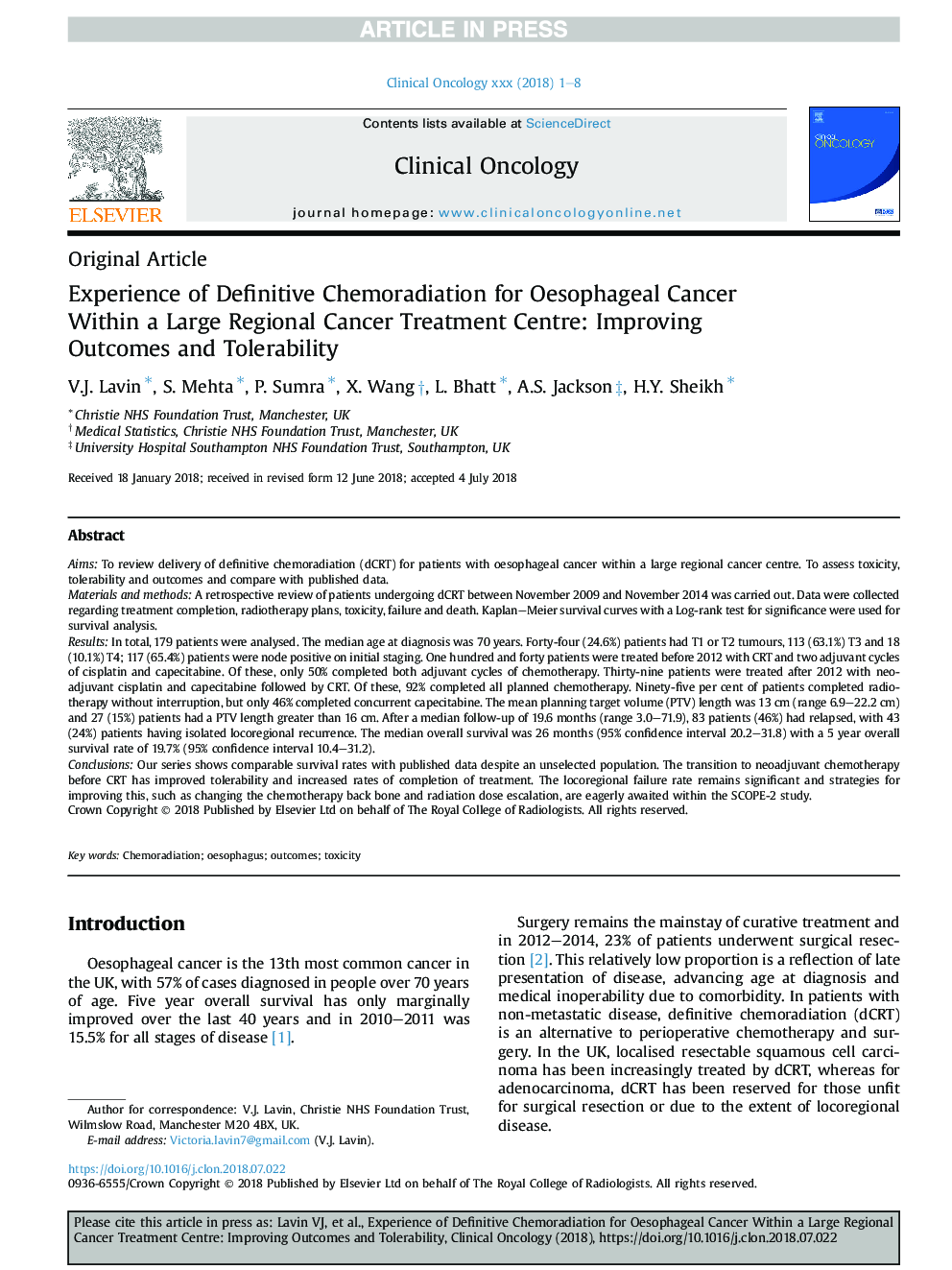 Experience of Definitive Chemoradiation for Oesophageal Cancer Within a Large Regional Cancer Treatment Centre: Improving Outcomes and Tolerability