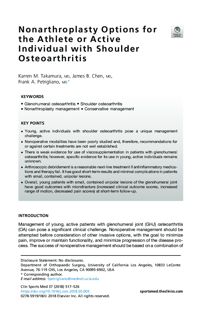 Nonarthroplasty Options for the Athlete or Active Individual with Shoulder Osteoarthritis