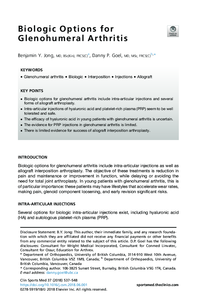 Biologic Options for Glenohumeral Arthritis