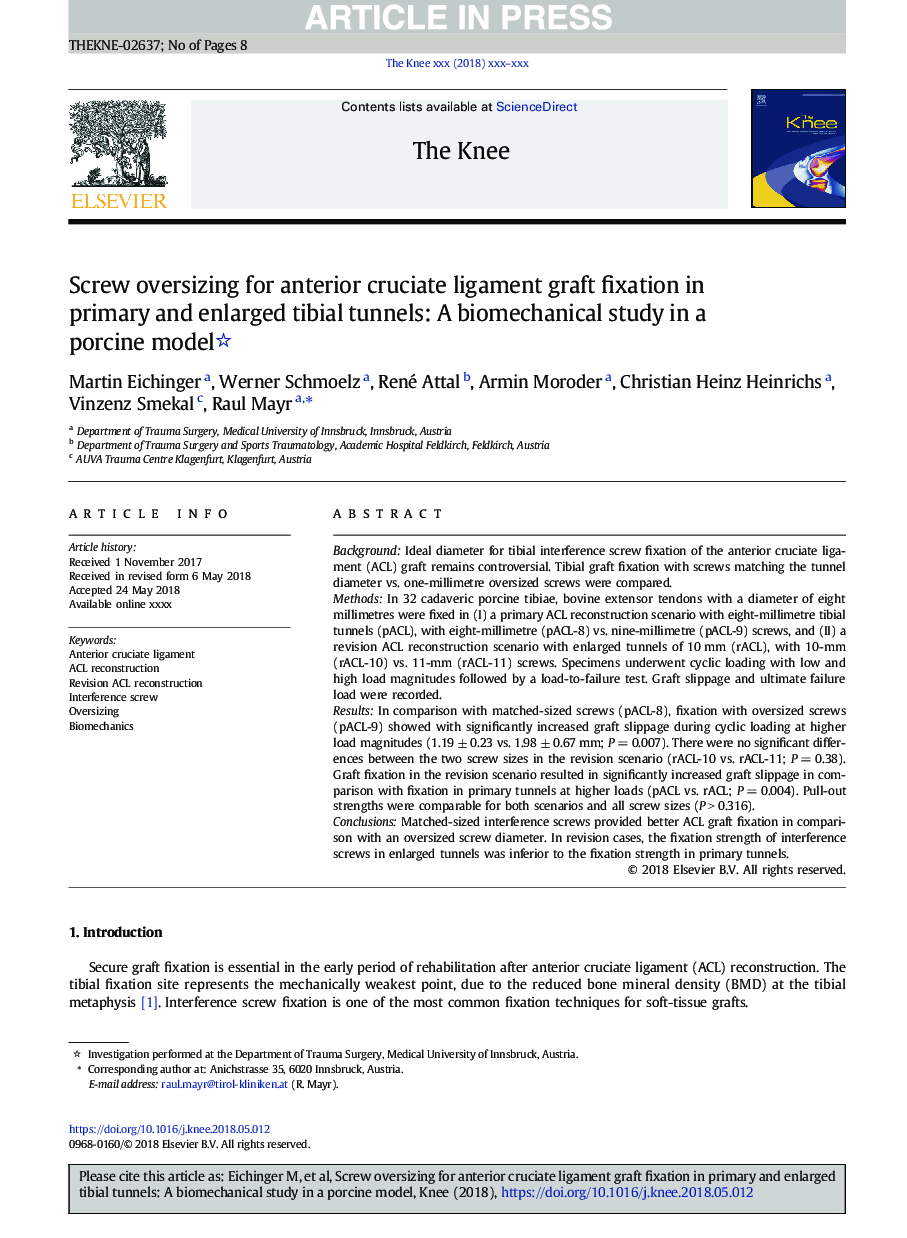 Screw oversizing for anterior cruciate ligament graft fixation in primary and enlarged tibial tunnels: A biomechanical study in a porcine model