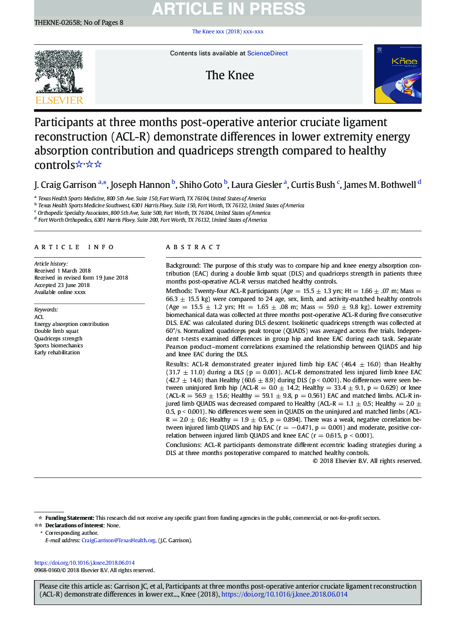 Participants at three months post-operative anterior cruciate ligament reconstruction (ACL-R) demonstrate differences in lower extremity energy absorption contribution and quadriceps strength compared to healthy controls