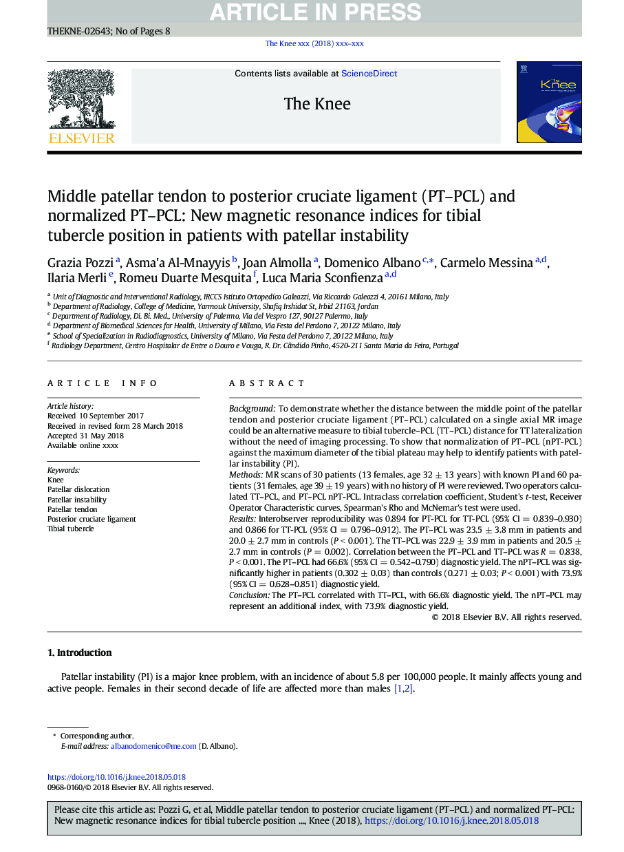 Middle patellar tendon to posterior cruciate ligament (PT-PCL) and normalized PT-PCL: New magnetic resonance indices for tibial tubercle position in patients with patellar instability