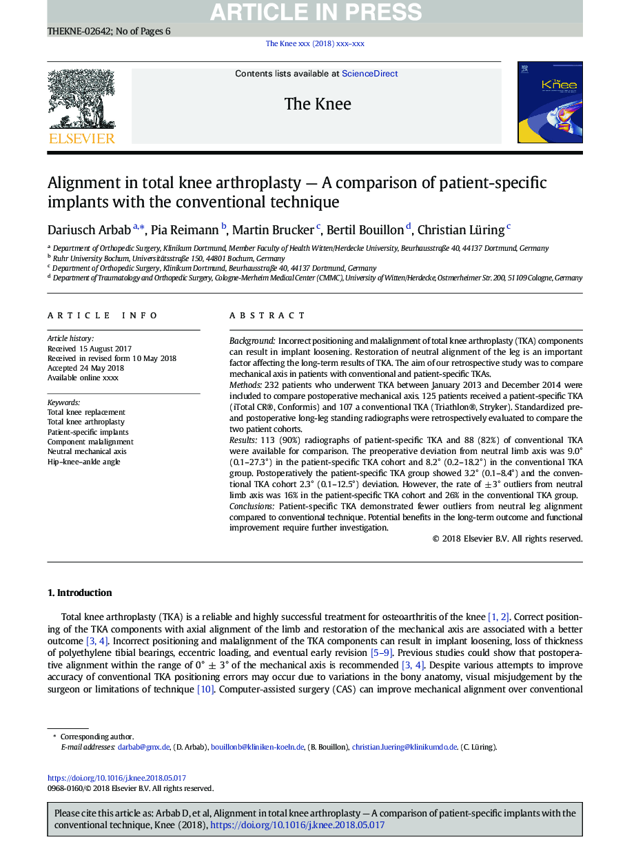 Alignment in total knee arthroplasty - A comparison of patient-specific implants with the conventional technique