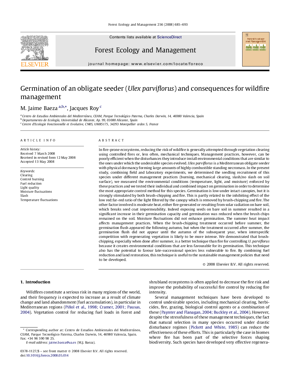 Germination of an obligate seeder (Ulex parviflorus) and consequences for wildfire management