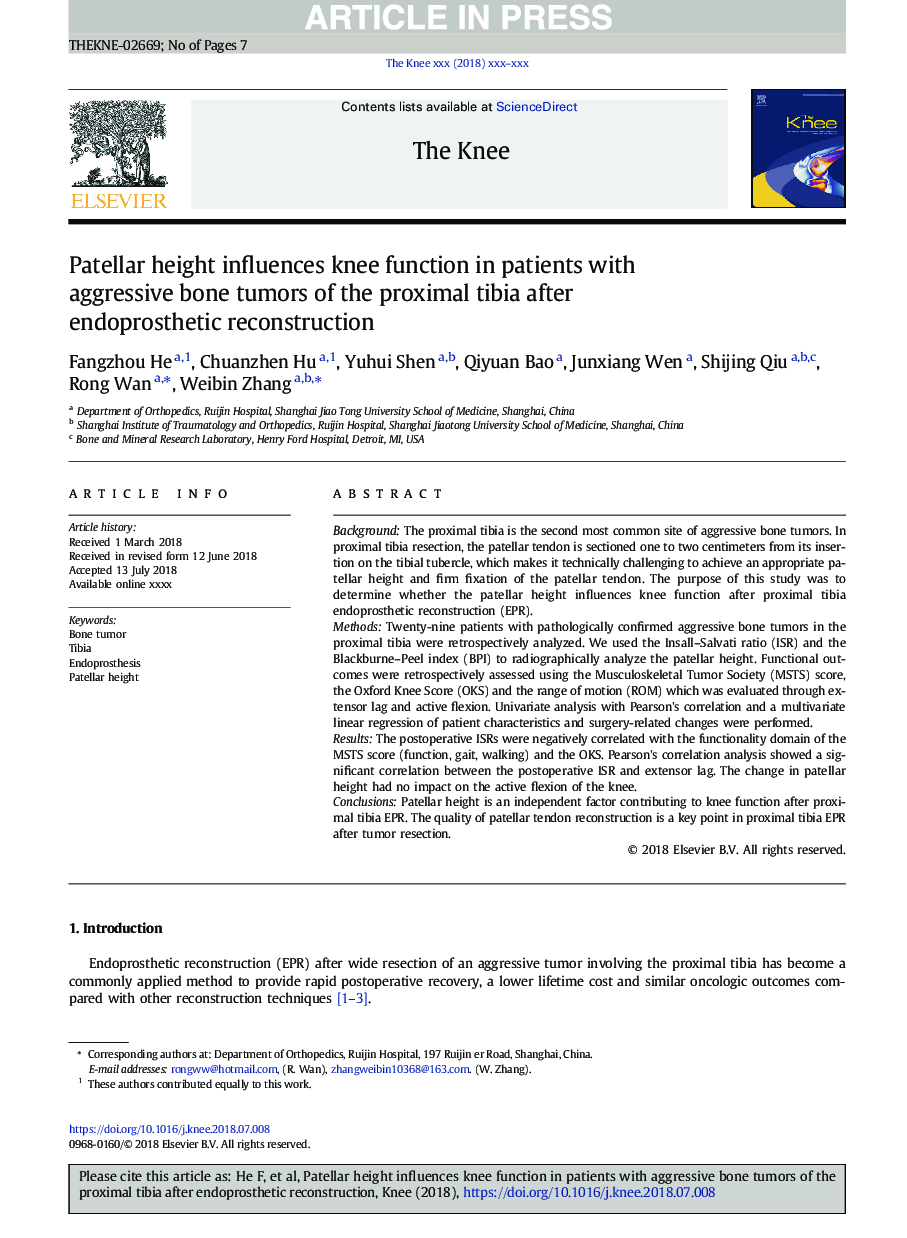 Patellar height influences knee function in patients with aggressive bone tumors of the proximal tibia after endoprosthetic reconstruction