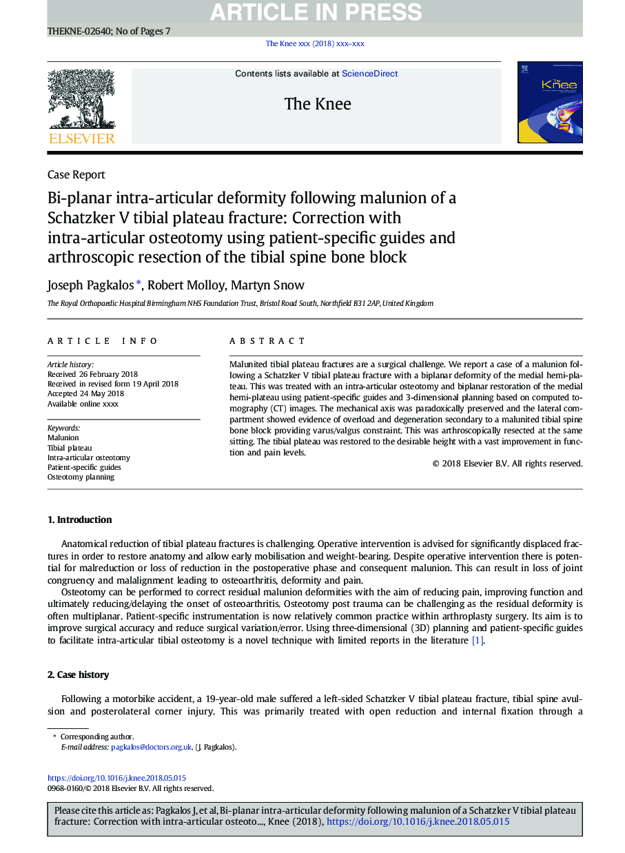 Bi-planar intra-articular deformity following malunion of a Schatzker V tibial plateau fracture: Correction with intra-articular osteotomy using patient-specific guides and arthroscopic resection of the tibial spine bone block