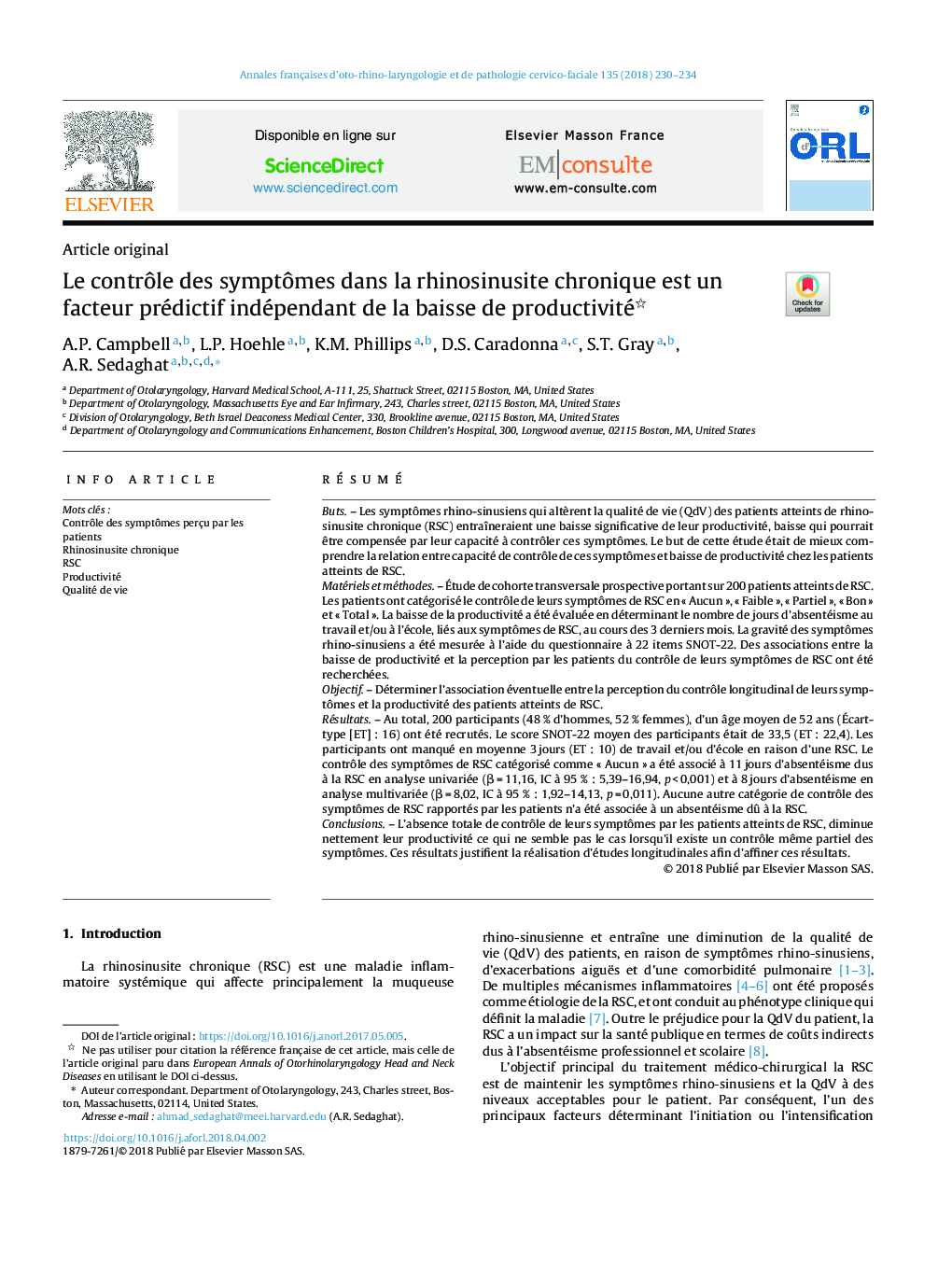 عکس صفحه اول مقاله: Le contrôle des symptômes dans la rhinosinusite chronique est un facteur prédictif indépendant de la baisse de productivité Le contrôle des symptômes dans la rhinosinusite chronique est un facteur prédictif indépendant de la baisse de productivité