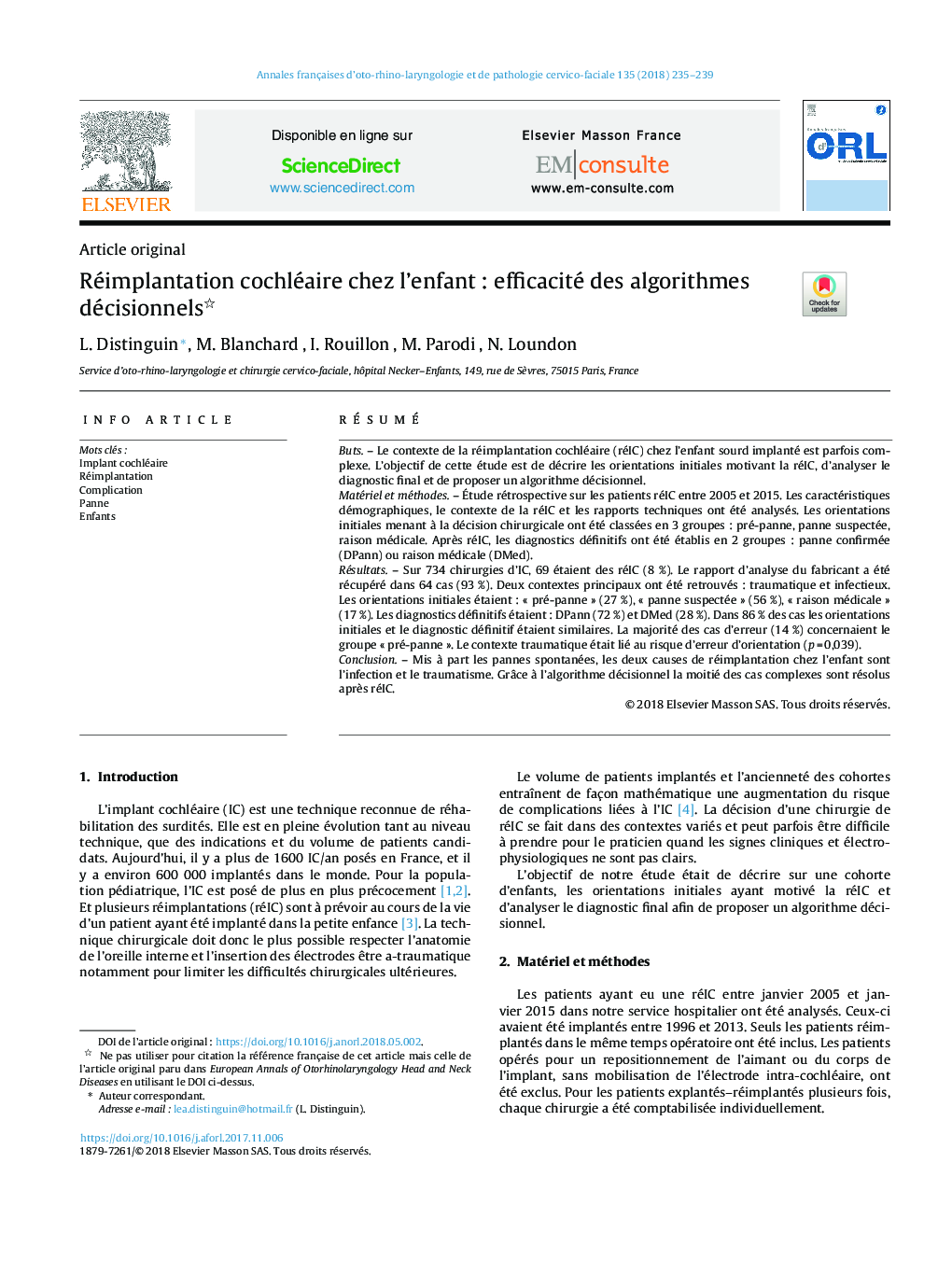 Réimplantation cochléaire chez l'enfantÂ : efficacité des algorithmes décisionnels