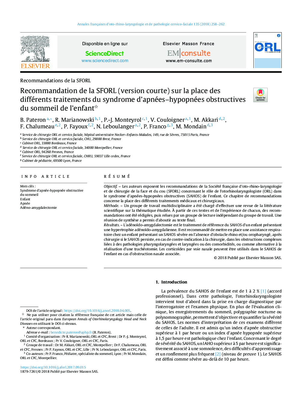 Recommandation de la SFORL (version courte) sur la place des différents traitements du syndrome d'apnées-hypopnées obstructives du sommeil de l'enfant