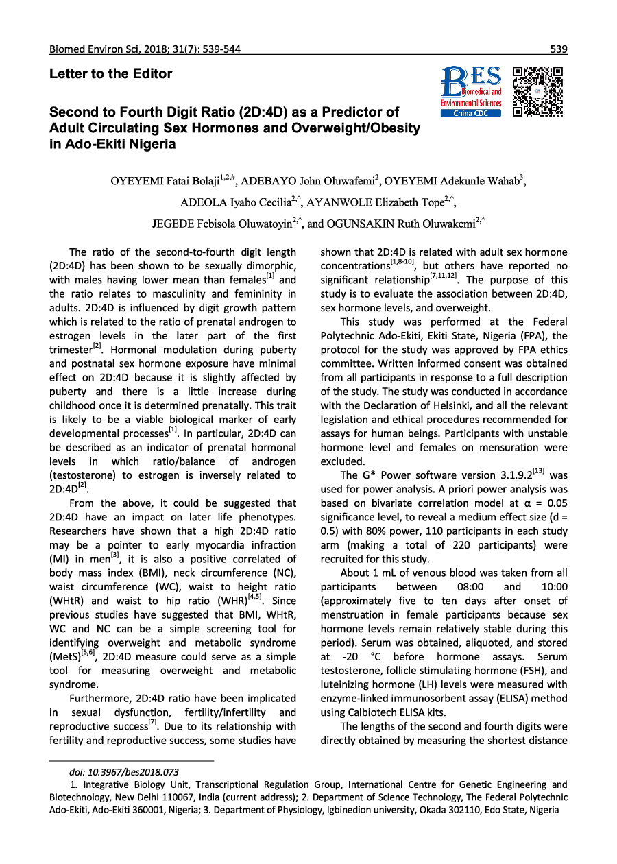 Second to Fourth Digit Ratio (2D:4D) as a Predictor of Adult Circulating Sex Hormones and Overweight/Obesity in Ado-Ekiti Nigeria