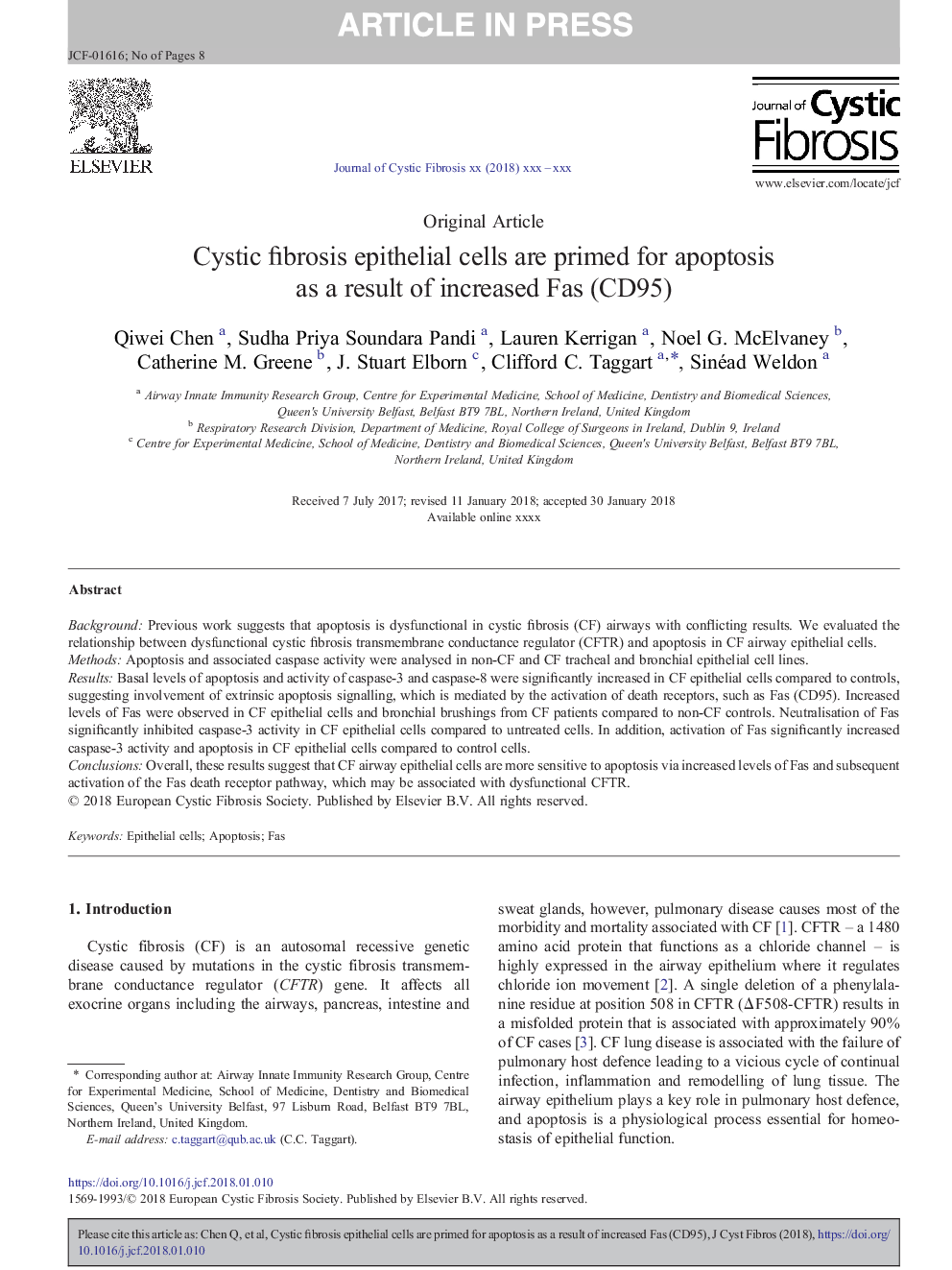 Cystic fibrosis epithelial cells are primed for apoptosis as a result of increased Fas (CD95)