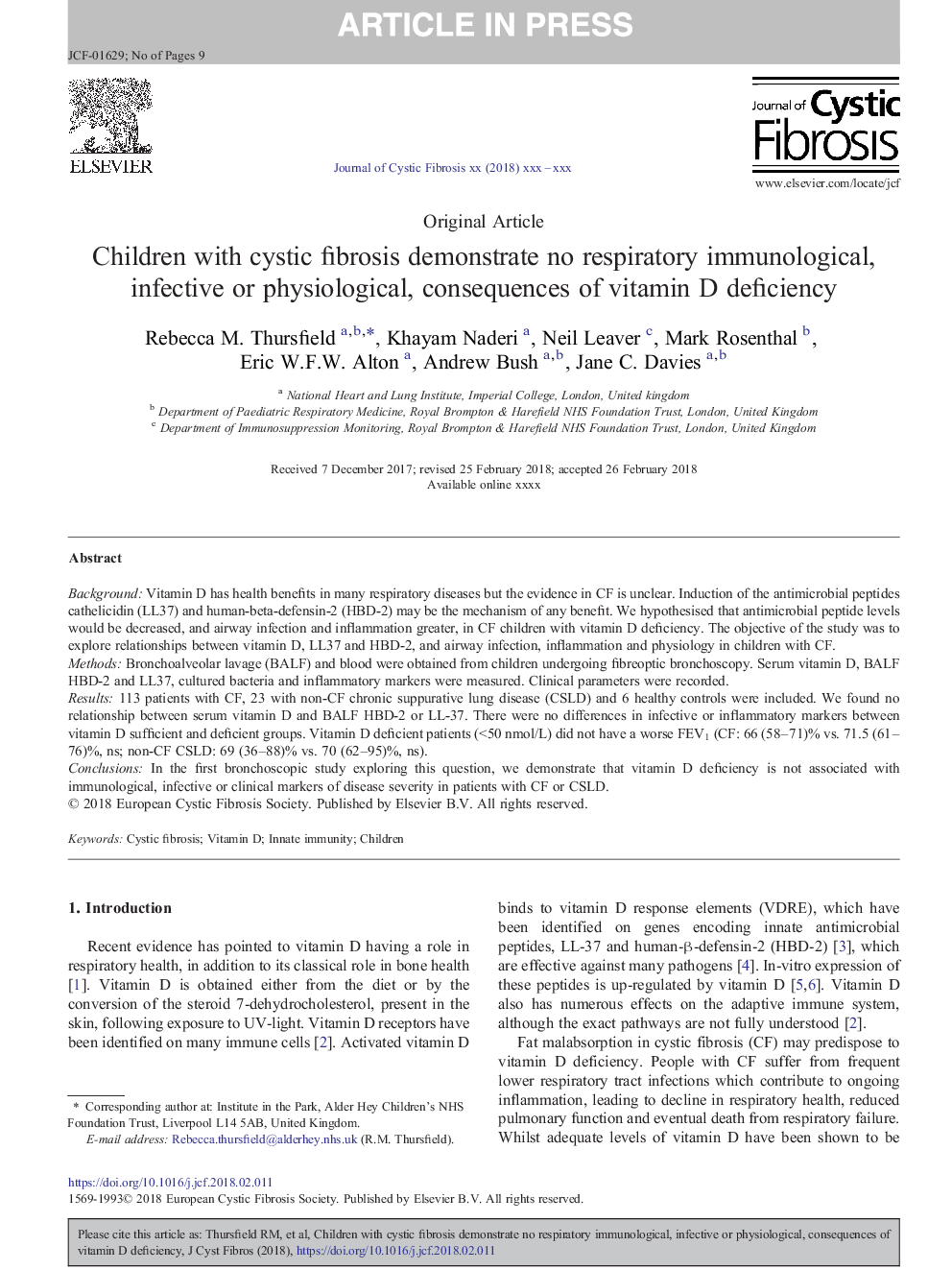 Children with cystic fibrosis demonstrate no respiratory immunological, infective or physiological, consequences of vitamin D deficiency