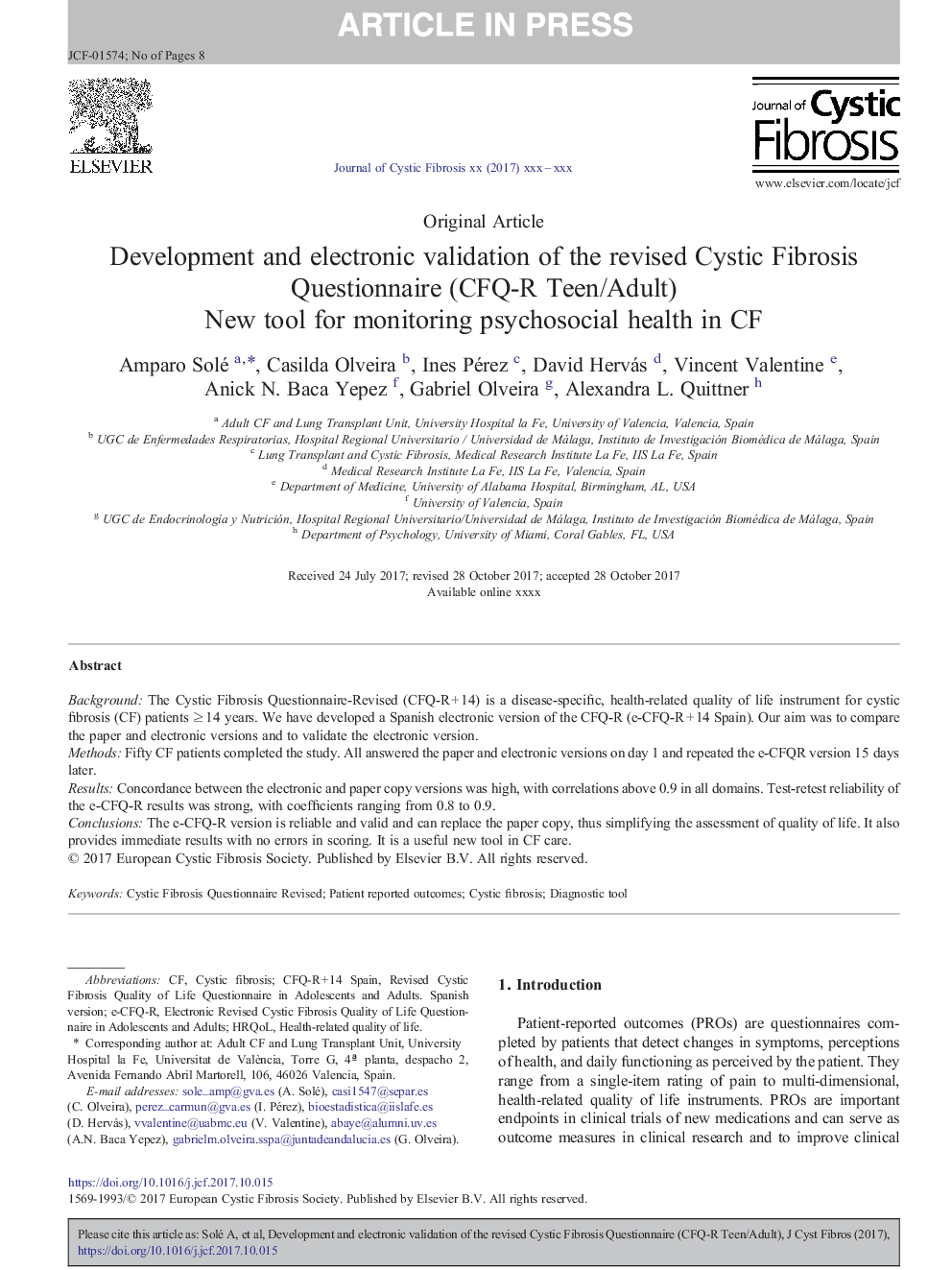 Development and electronic validation of the revised Cystic Fibrosis Questionnaire (CFQ-R Teen/Adult)