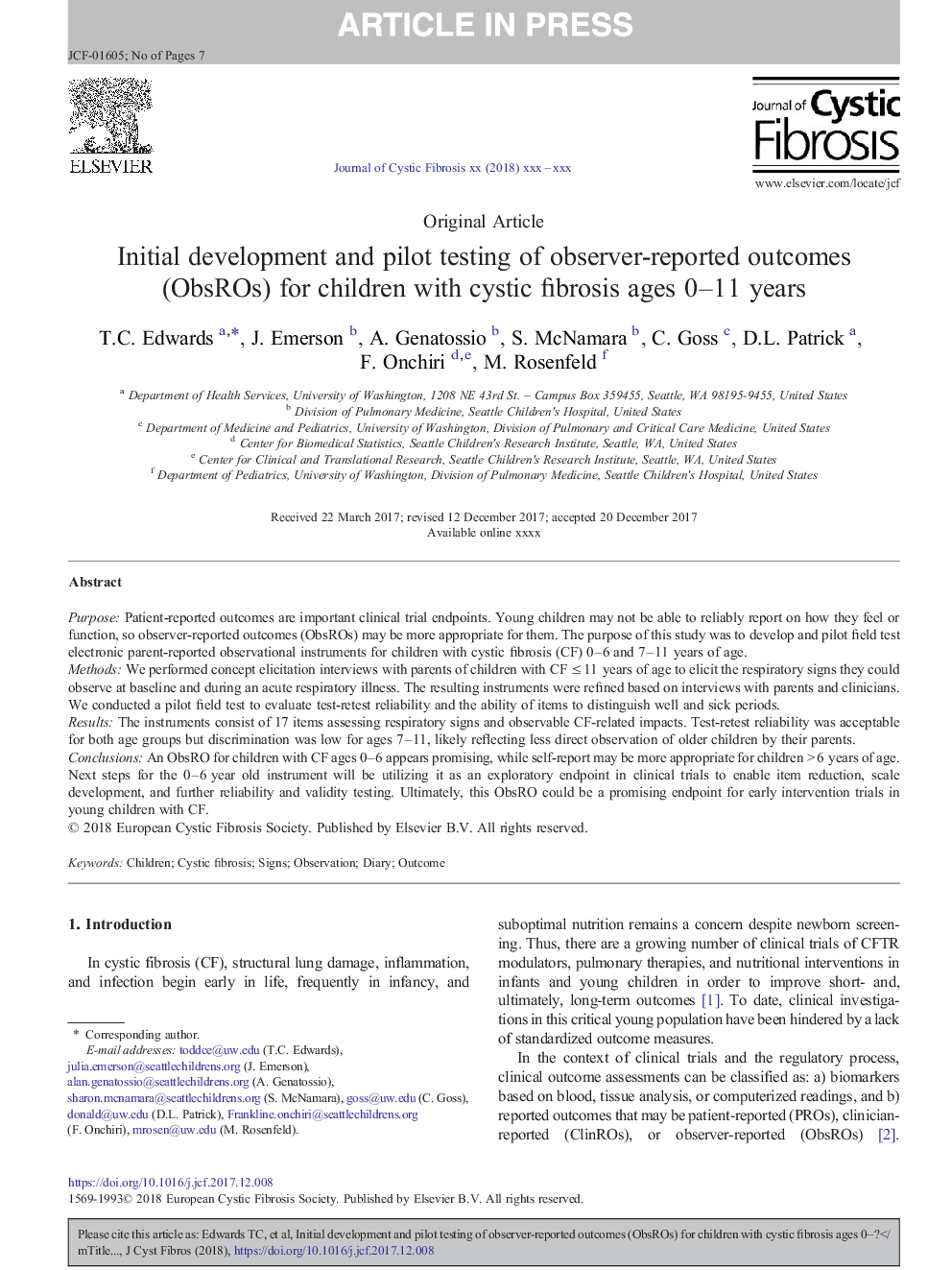 Initial development and pilot testing of observer-reported outcomes (ObsROs) for children with cystic fibrosis ages 0-11Â years