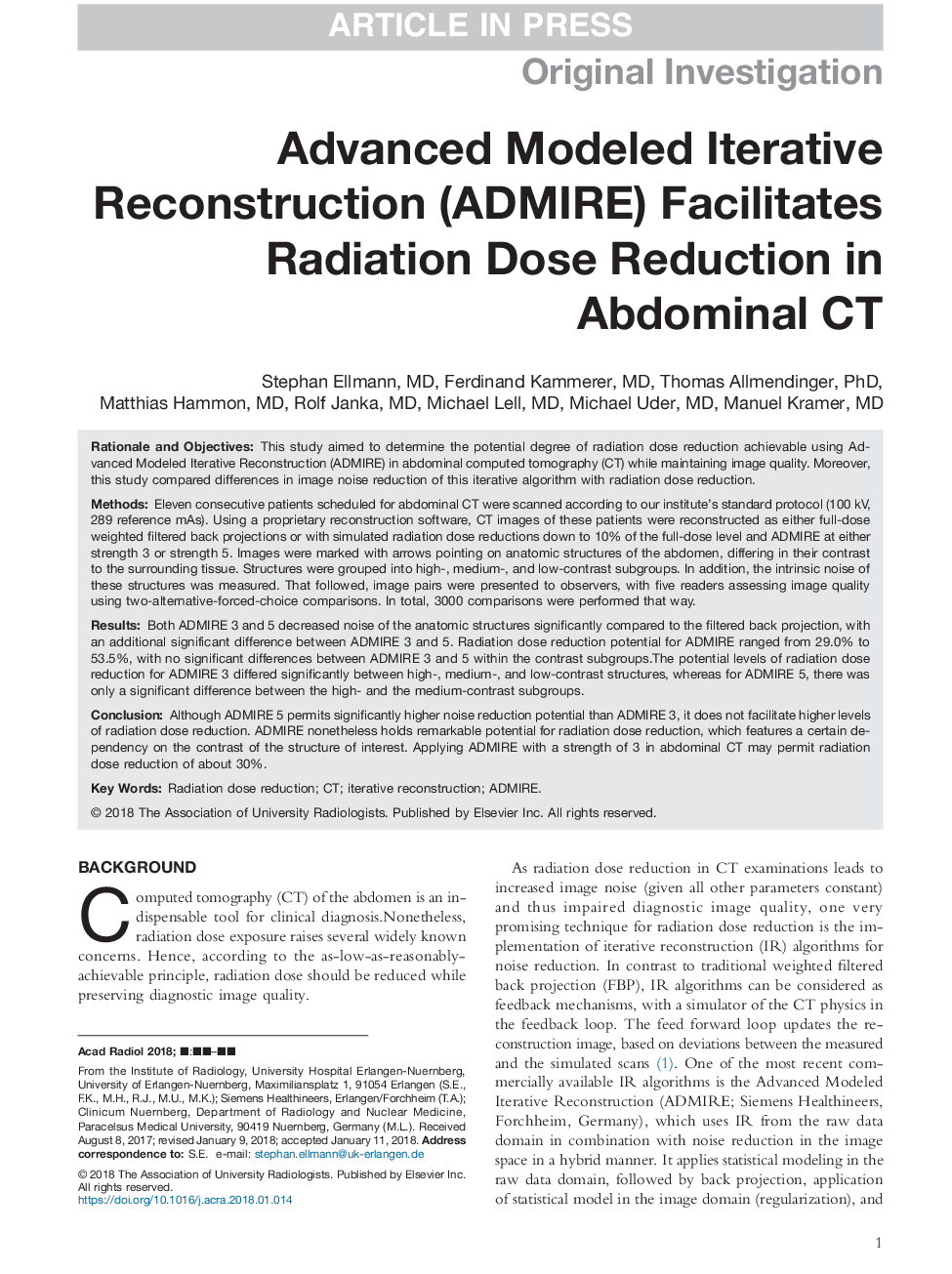 Advanced Modeled Iterative Reconstruction (ADMIRE) Facilitates Radiation Dose Reduction in Abdominal CT