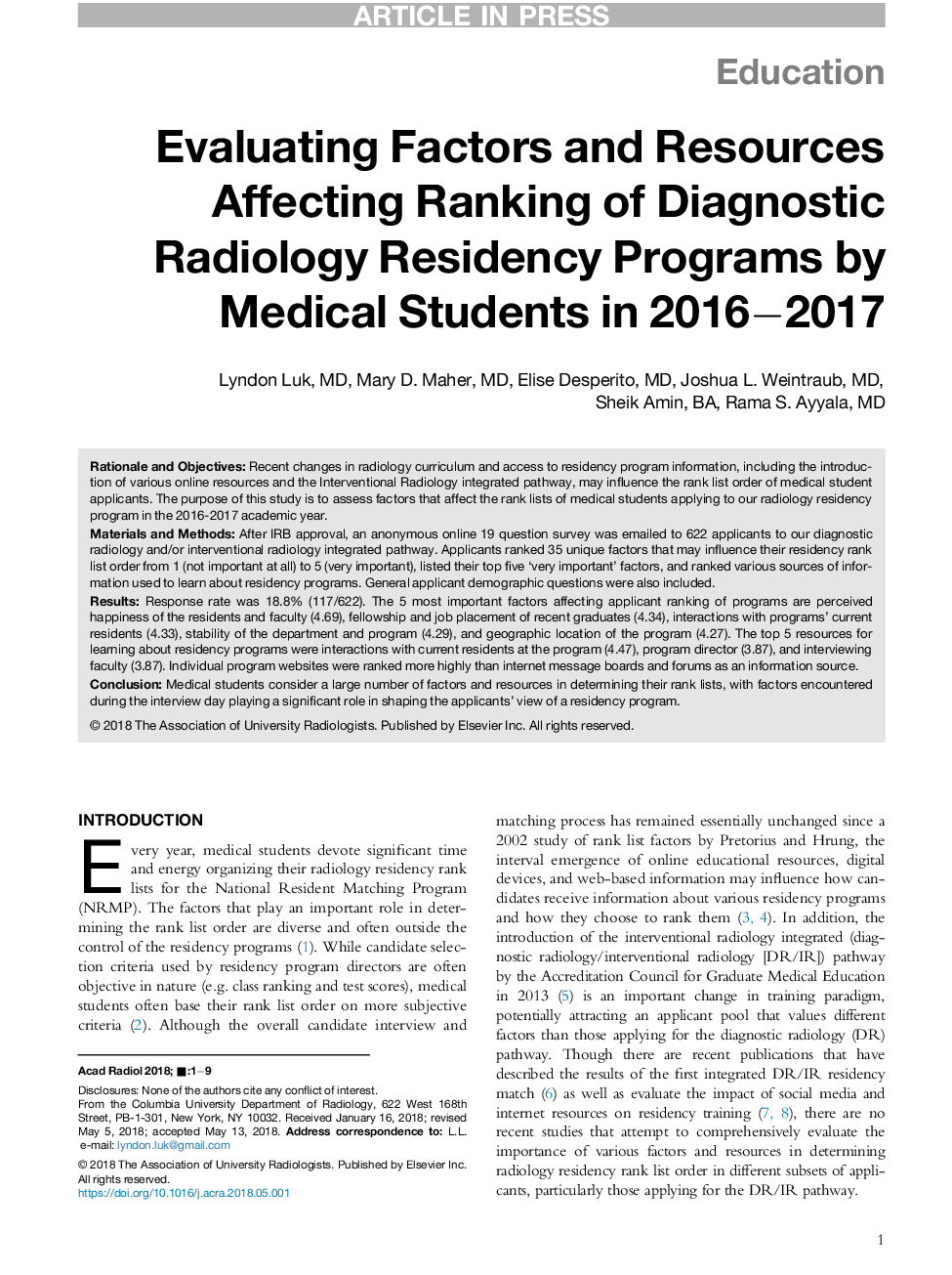 ارزیابی عوامل و منابع تأثیرگذار بر رتبه بندی برنامه های درمان رادیولوژی تشخیصی توسط دانشجویان پزشکی در سال 2016-2017