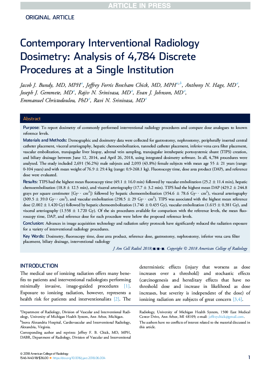 Contemporary Interventional Radiology Dosimetry: Analysis of 4,784 Discrete Procedures at a Single Institution