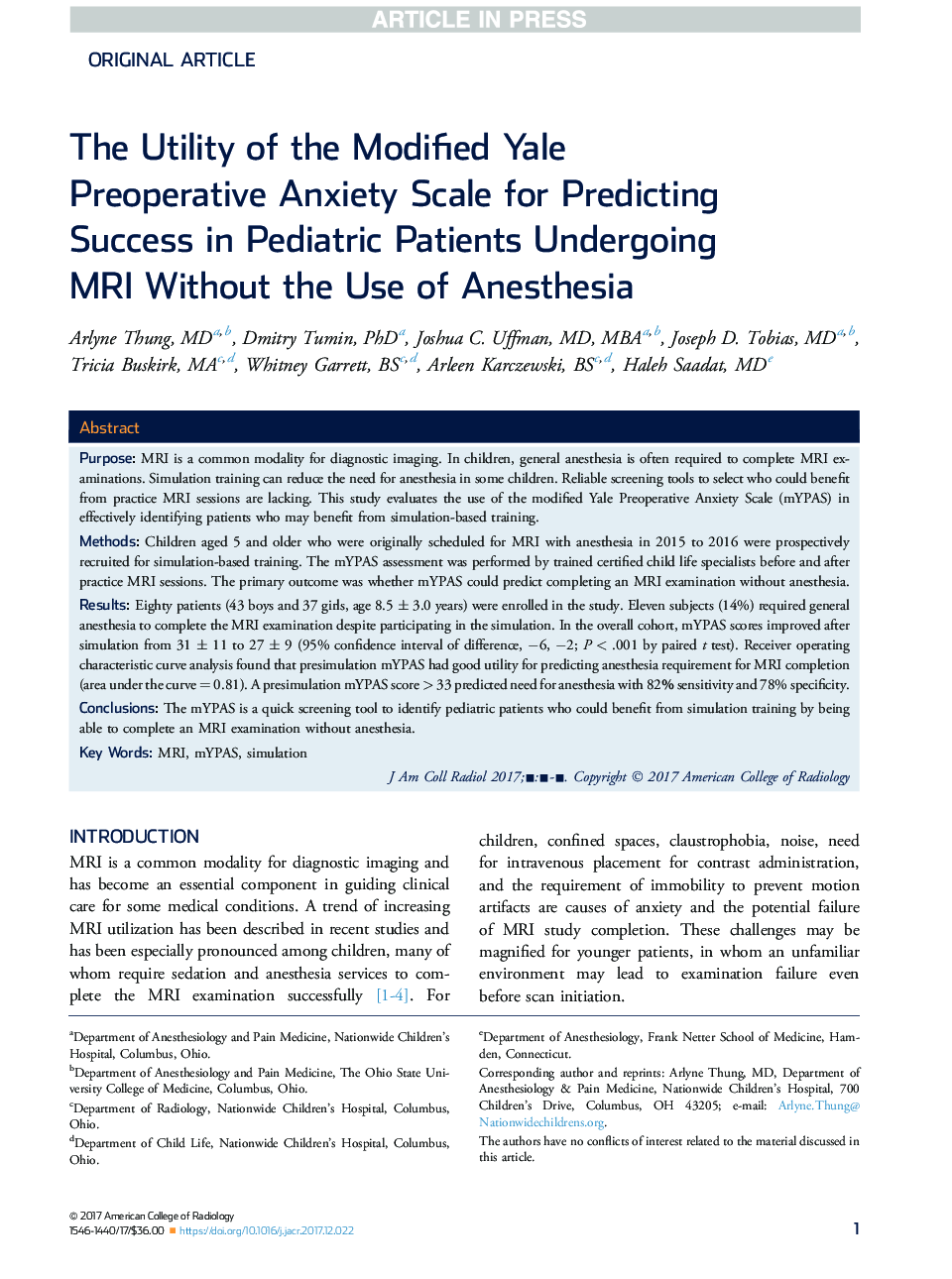 عکس صفحه اول مقاله: The Utility of the Modified Yale Preoperative Anxiety Scale for Predicting Success in Pediatric Patients Undergoing MRI Without the Use of Anesthesia The Utility of the Modified Yale Preoperative Anxiety Scale for Predicting Success in Pediatric Patients Undergoing MRI Without the Use of Anesthesia