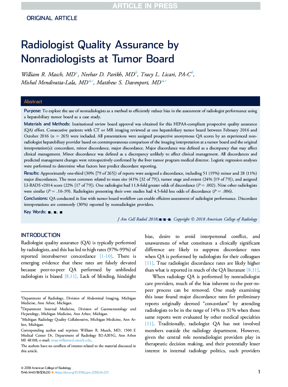 Radiologist Quality Assurance by Nonradiologists at Tumor Board