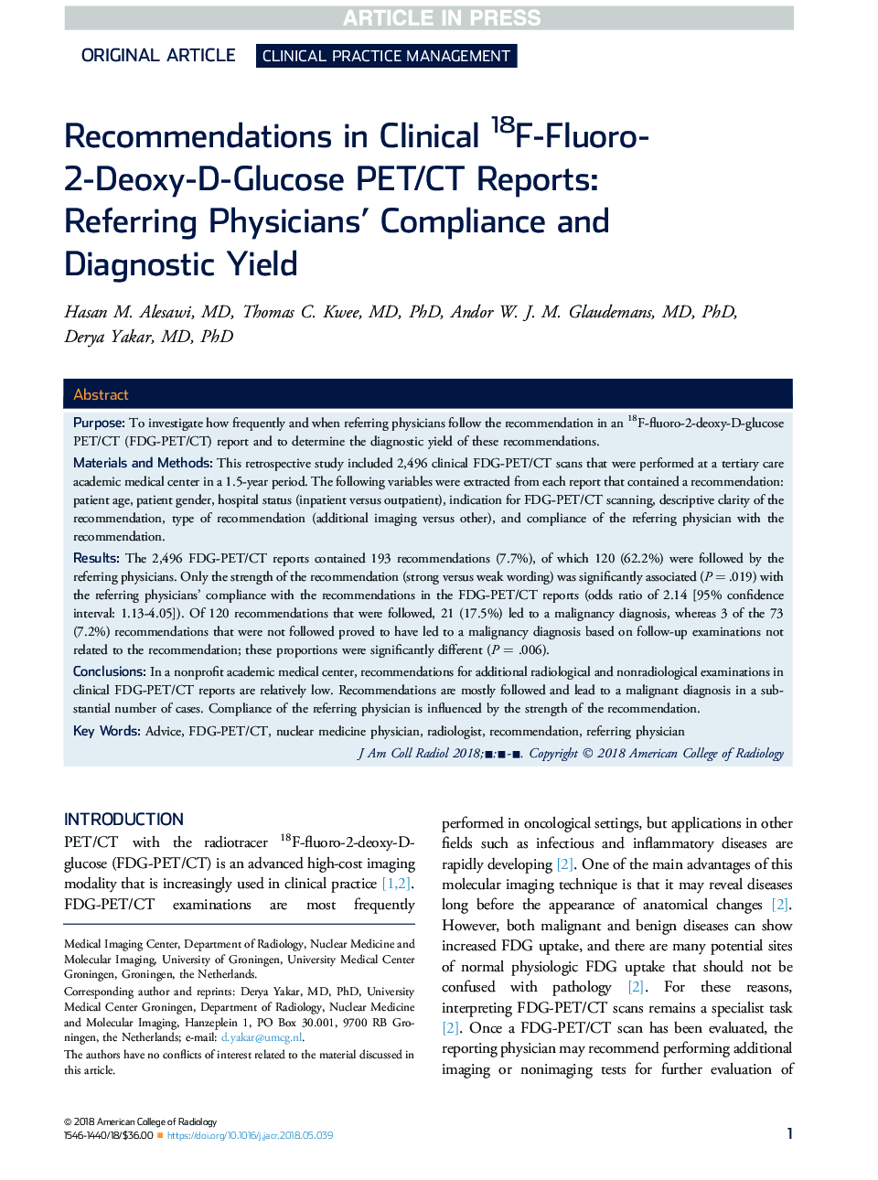 Recommendations in Clinical 18F-Fluoro-2-Deoxy-D-Glucose PET/CT Reports: Referring Physicians' Compliance and Diagnostic Yield