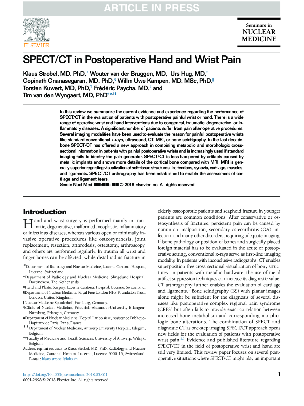 SPECT/CT in Postoperative Hand and Wrist Pain