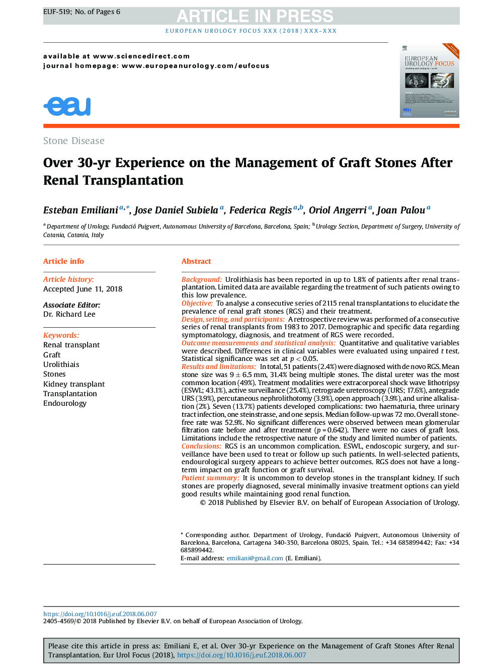 Over 30-yr Experience on the Management of Graft Stones After Renal Transplantation